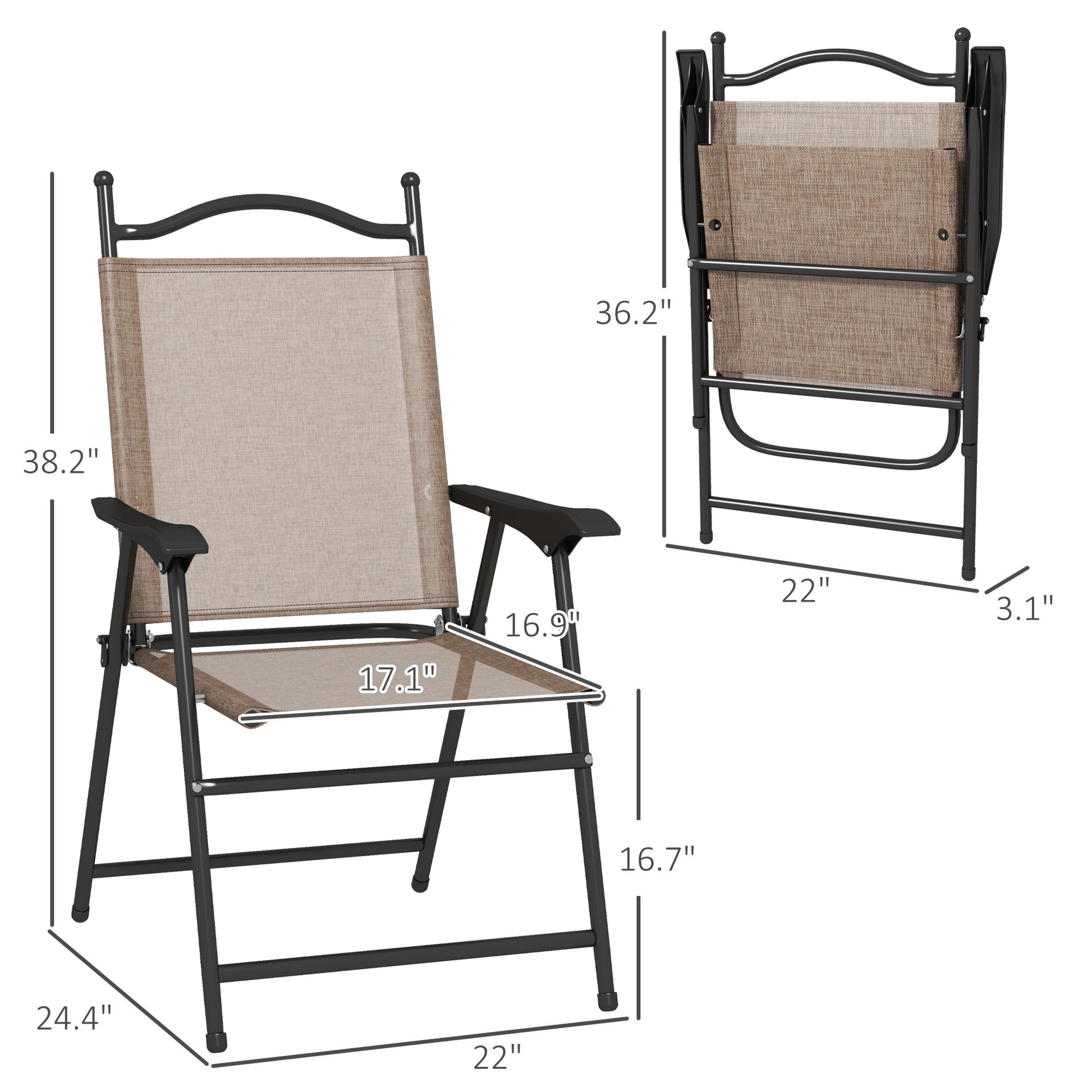 Outsunny Folding Patio Chairs, Set Of 4 Sports Chairs For Adults, Camping Chairs With Armrests,Mesh Fabric Seat For Lawn, Brown Brown Metal