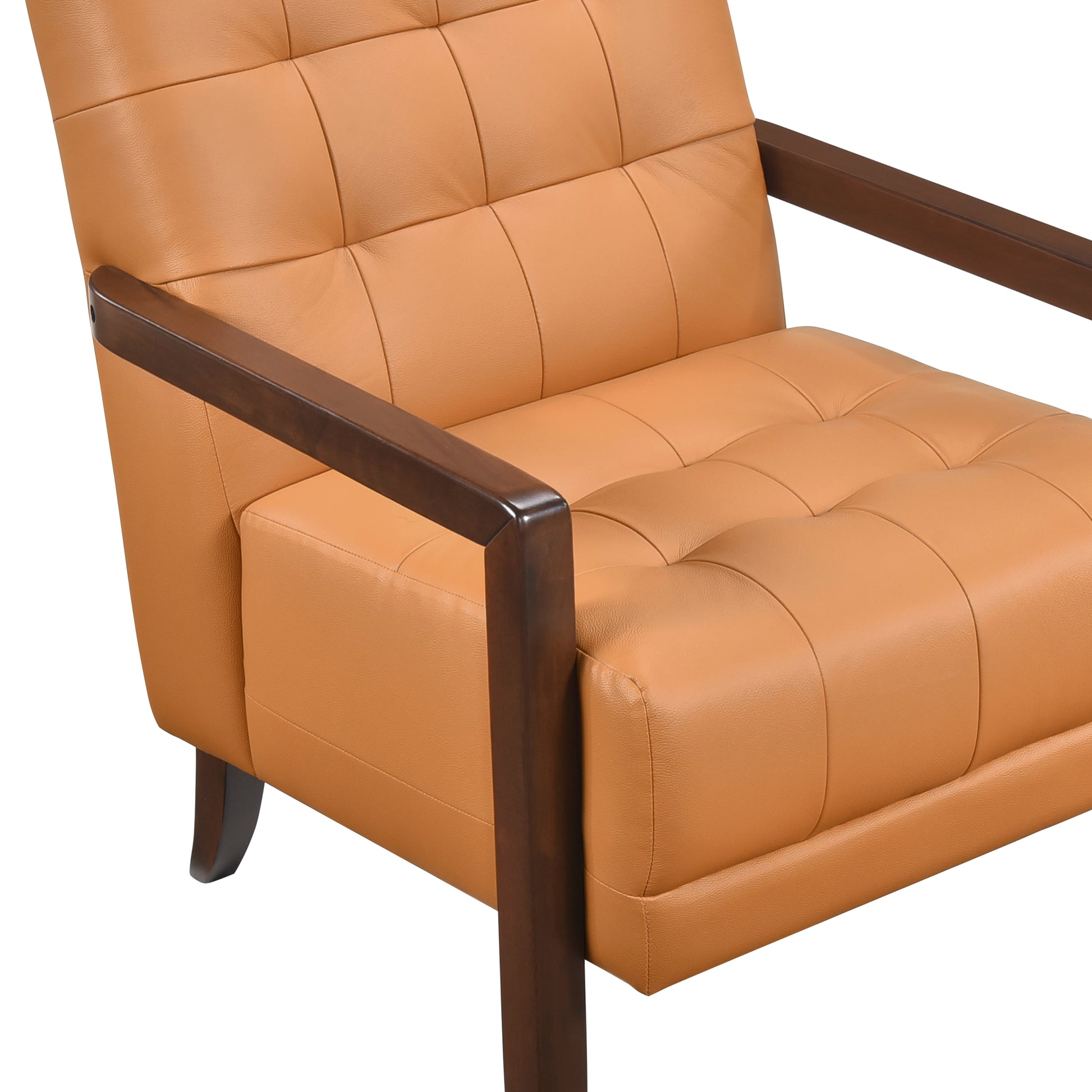 Modern Style Accent Chair Orange Leather Upholstered Tufted Detail Walnut Finish Wood Furniture 1Pc Orange Primary Living Space Contemporary,Modern Plywood