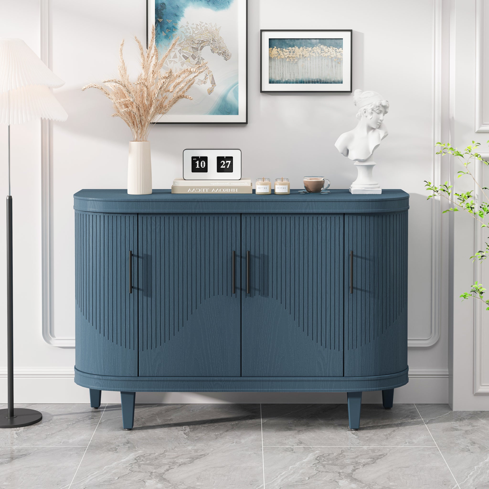 Modern Curved Sideboard 47.2 Inch Decorative Storage Cabinet Wooden Console Table Coffee Bar Cabinet With 4 Doors And Adjustable Interior Shelves For Living Room, Kitchen, Bedroom, Hallway Blue Blue Mdf