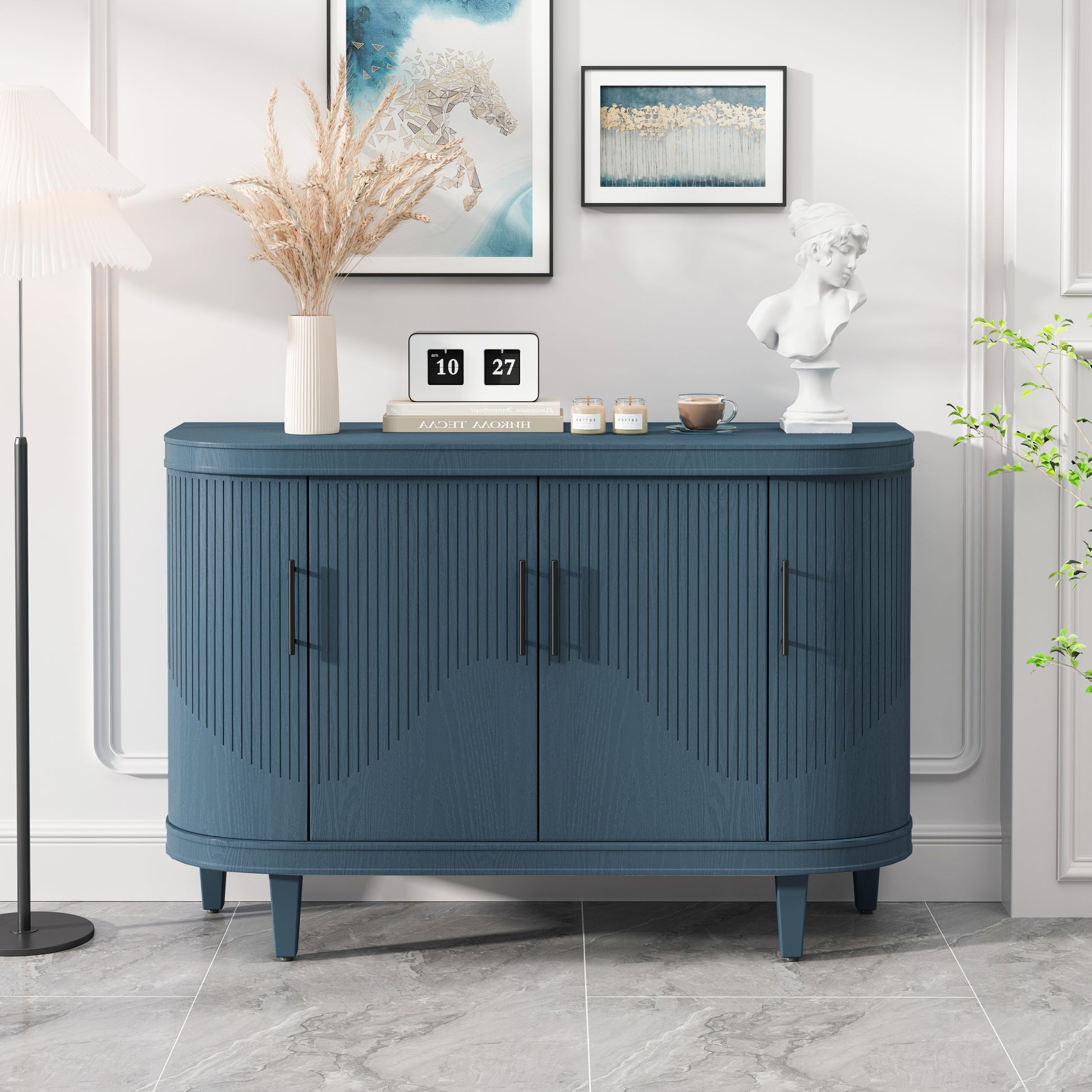 Modern Curved Sideboard 47.2 Inch Decorative Storage Cabinet Wooden Console Table Coffee Bar Cabinet With 4 Doors And Adjustable Interior Shelves For Living Room, Kitchen, Bedroom, Hallway Blue Blue Mdf