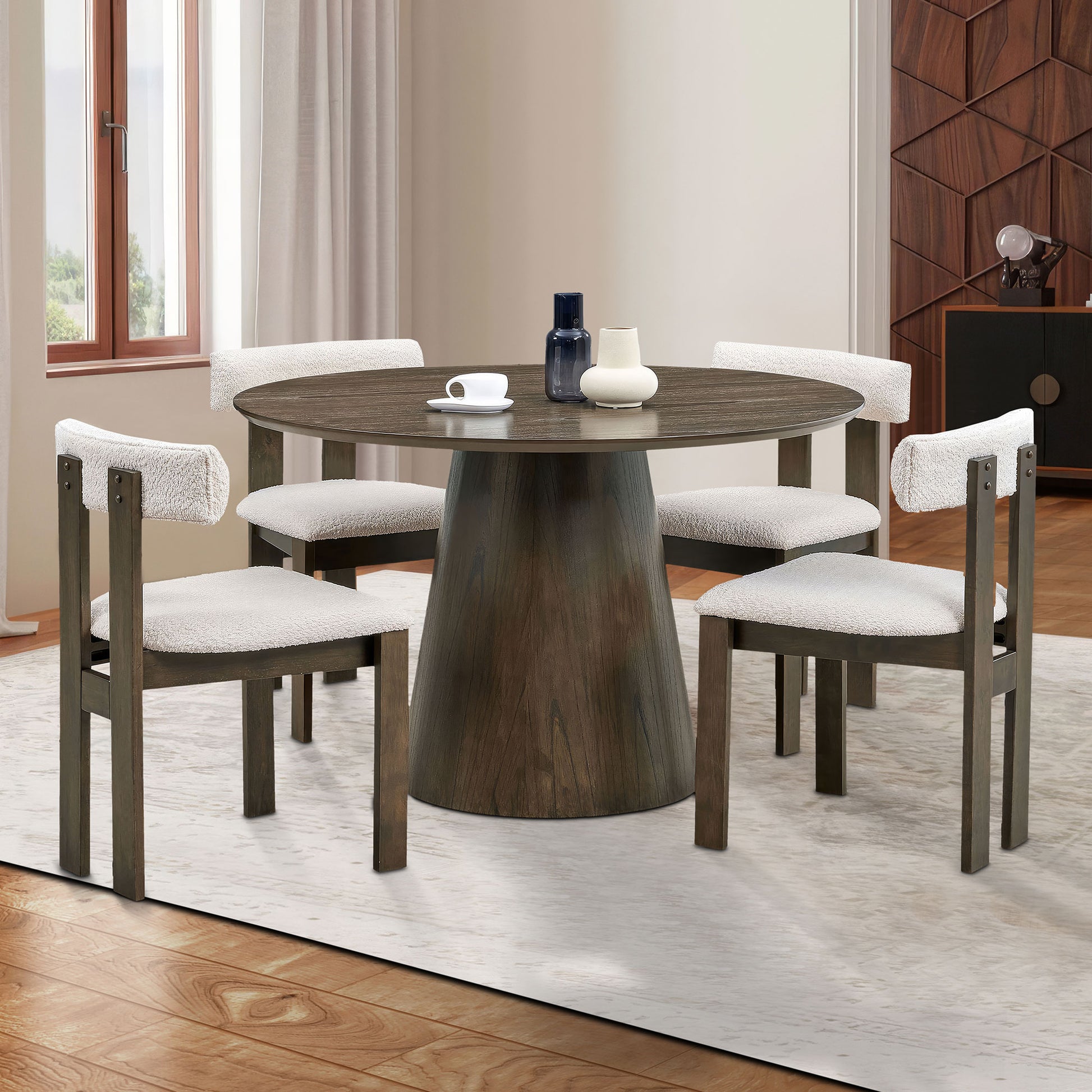 1 Table With 4 Chairs Wooden Dining Table Set, Modern Round Mdf Kitchen Table And Boucle Upholstered Dining Chairs For Dining Room, Kitchen, Saving Space,Walnut Walnut Solid Wood Mdf