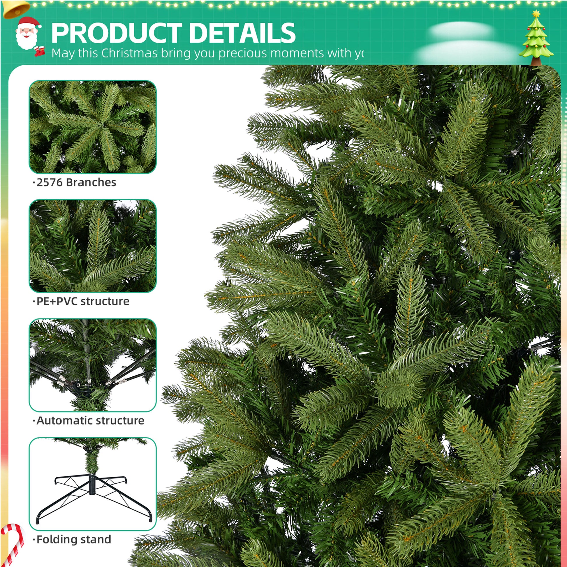 9Ft Artificial Christmas Tree With 2576 Pe&Pvc Mixed Branch Tips, Unlit Hinged Premium Spruce Fake Xmas Trees, Holiday Decoration, Easy Assembly, Foldable Metal Stand, Green Green Pvc