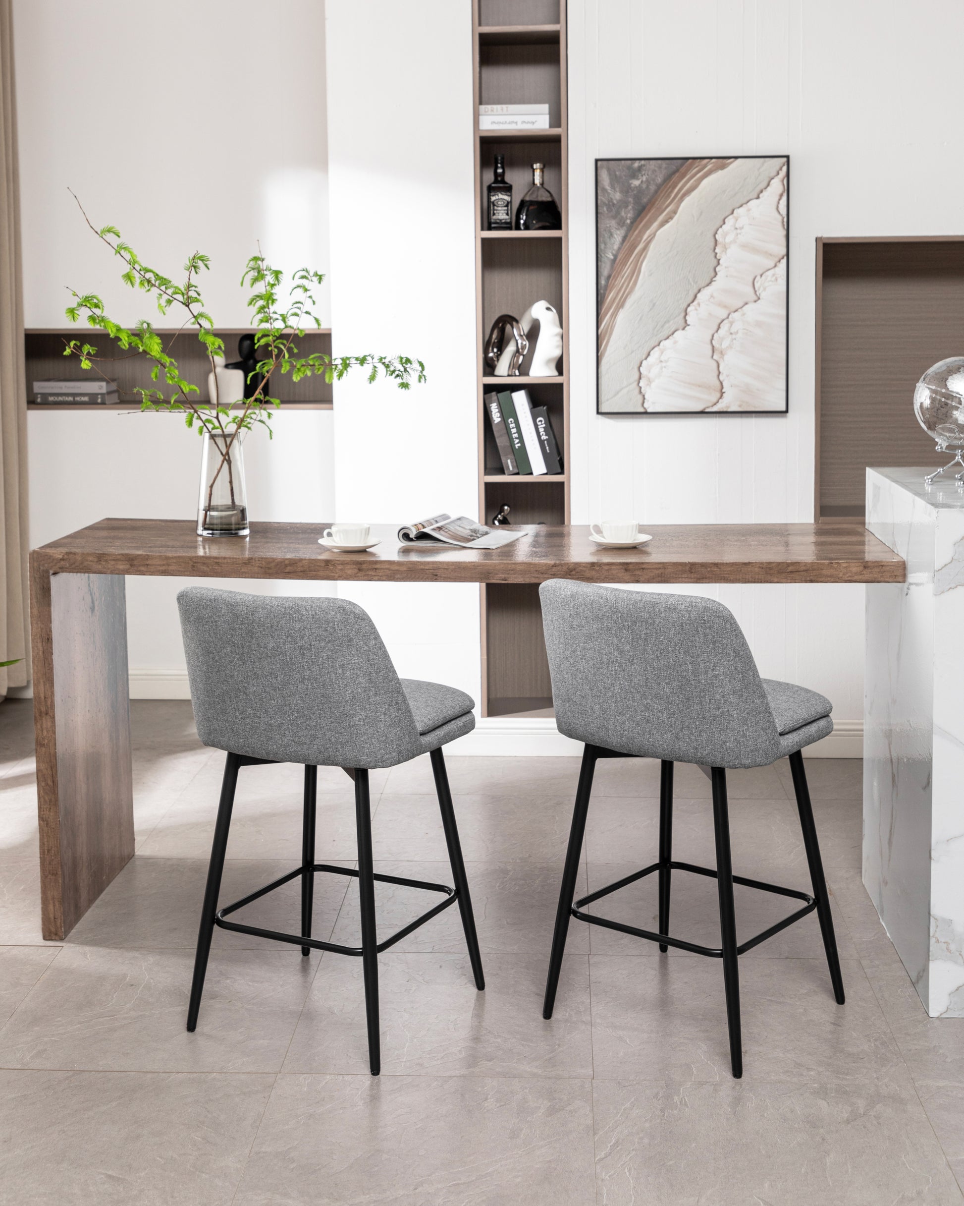 Counter Height Swivel Bar Stools Set Of 2, 360 Swivel Upholstered Barstools With Back And Metal Legs, 25.6" Seat Height,Counter Stools For Kitchen Island And Pub,Linen Cloth,Grey Light Grey Set Of 2 Linen