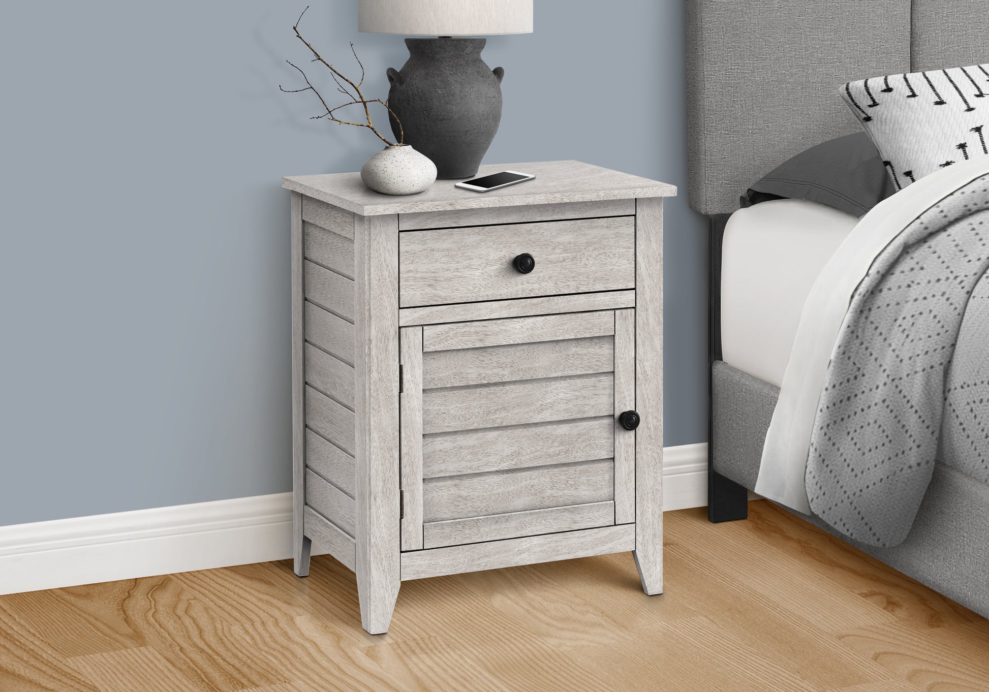 Accent Table, Nightstand, Storage Drawer, End, Side Table, Bedroom, Lamp, Storage, Grey Veneer, Transitional Gray Wash Mdf