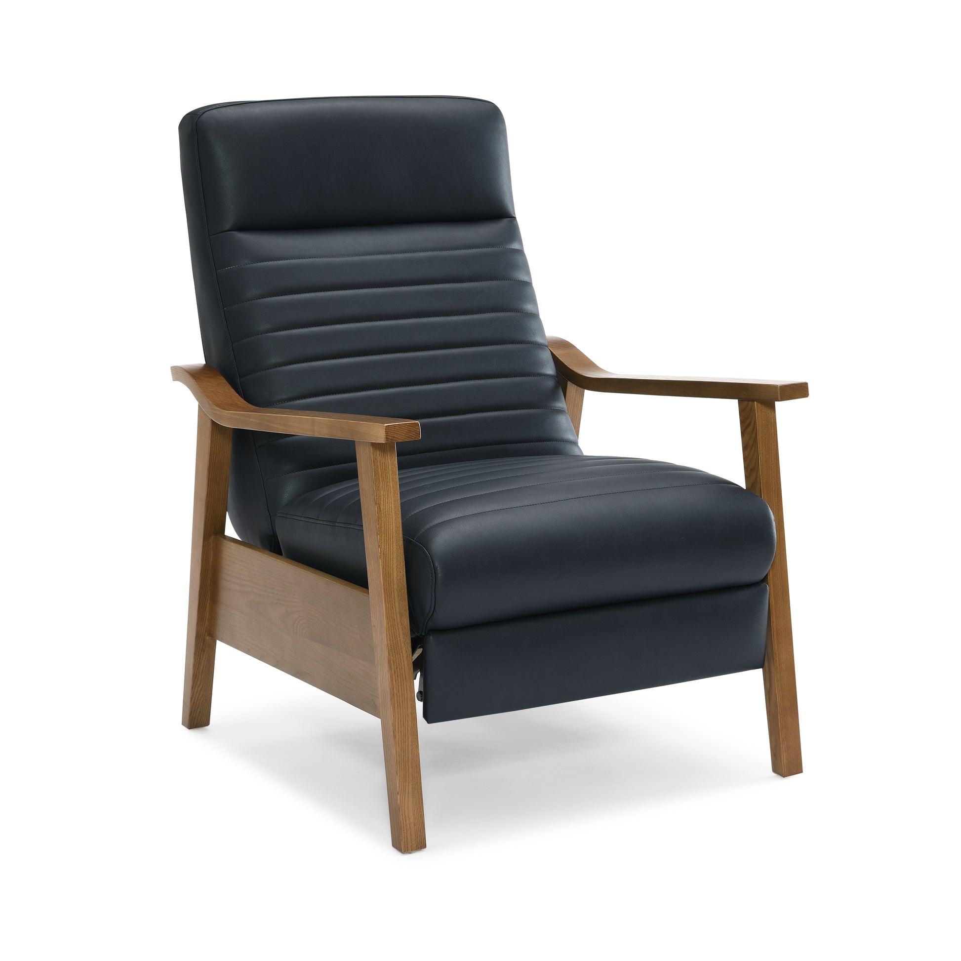 Asher Wood Arm Push Back Recliner Midnight Blue Blue Foam Faux Leather