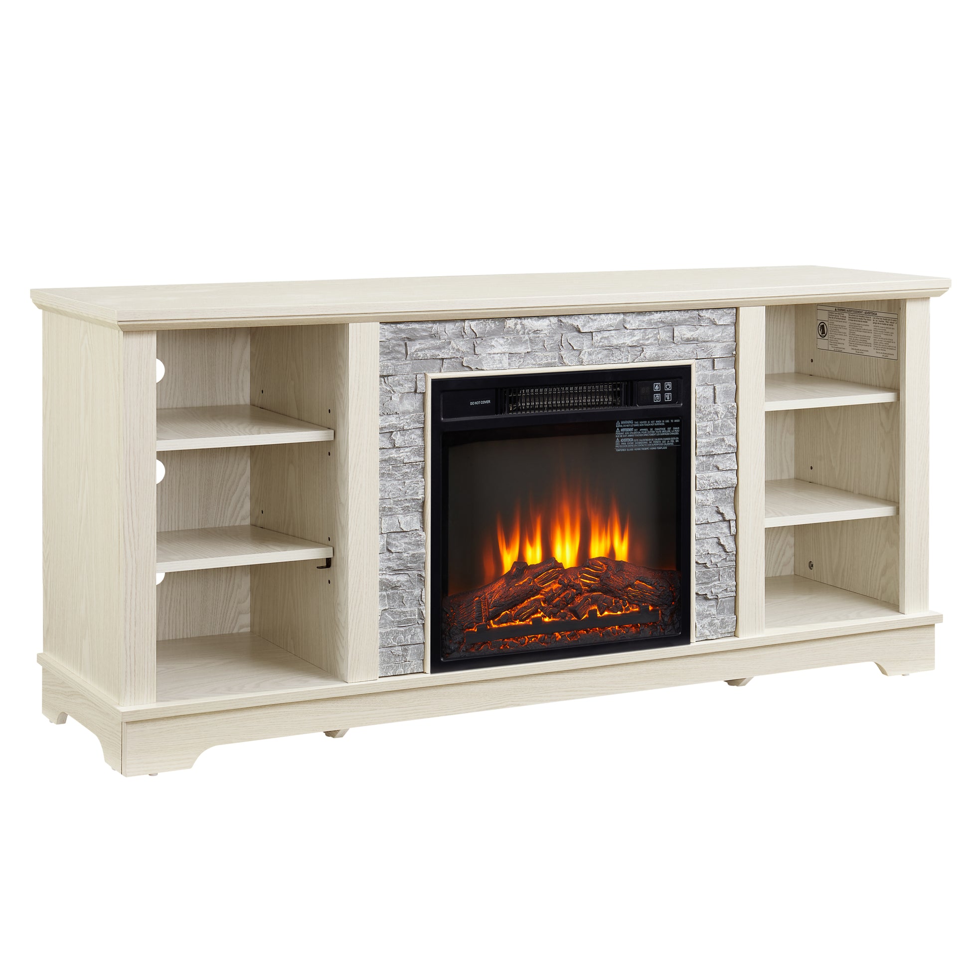 Mantel Electric Fireplace Stone Tv Media Stand, Open Storage Modern Entertainment Console Space With 18" Fireplace Insert, White, 58.31"W*15.39"D*26.06"H White 60 69 Inches Mdf