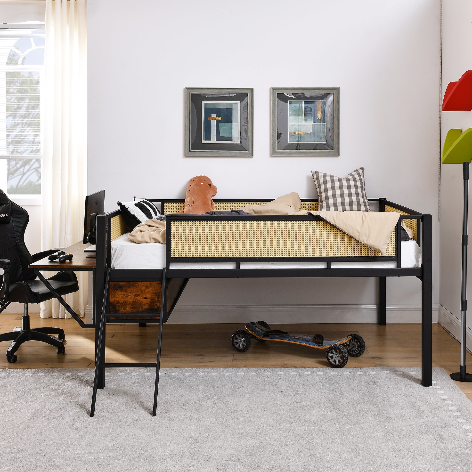 Single Metal Loft Bed With Rectangular Desk, Led Lights, Led Loft Bed Frame Double Bed With Storage Shelves And Hanging Storage Compartments, Safety Guard And Ladder, No Box Springs Required, Rattan G Full Black Brown Mdf Iron