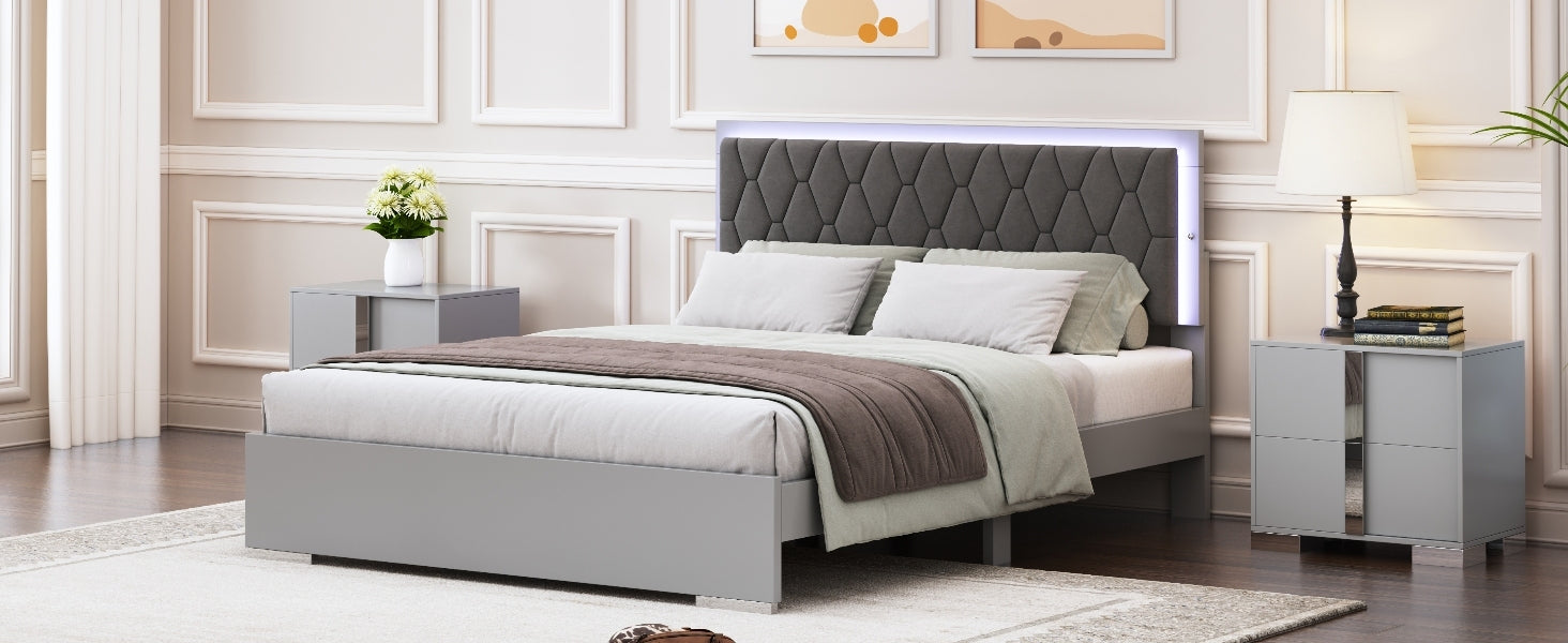 Queen Size Upholstered Bed With Led Lights,Modern Platform Bed With Velvet Headboard,Grey Queen Grey Mdf