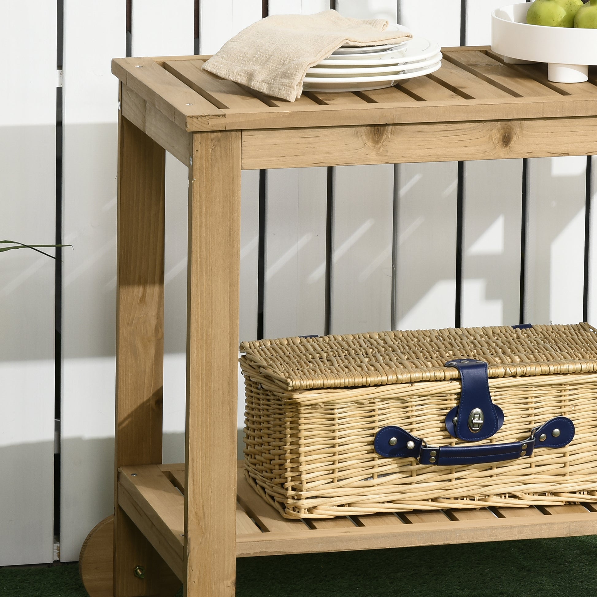 Outsunny Outdoor Bar Cart, Wood Rolling Home Bar & Serving Cart With 2 Shelves, Wine Bottle Holders For Garden, Dining Room, Natural Natural Wood
