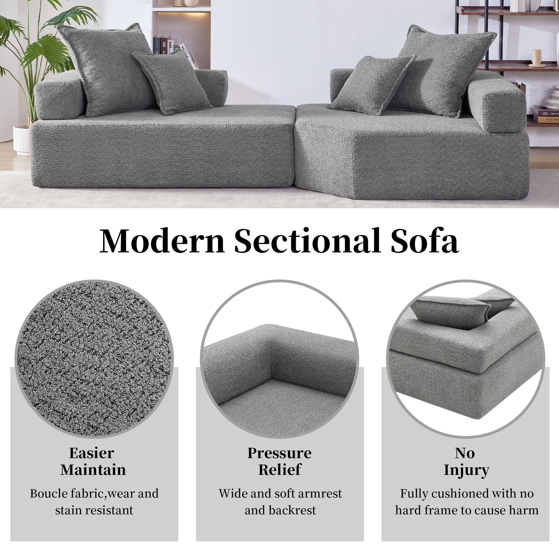 Oversized Modular Sectional Sofa,Luxury Boucle Floor Couch Set,Convertible Sleeper Couch,Spacious Foam Filled Sofa Bed For Living Room,2 Pc Free Combination,2 Colors Gray Boucle 4 Seat