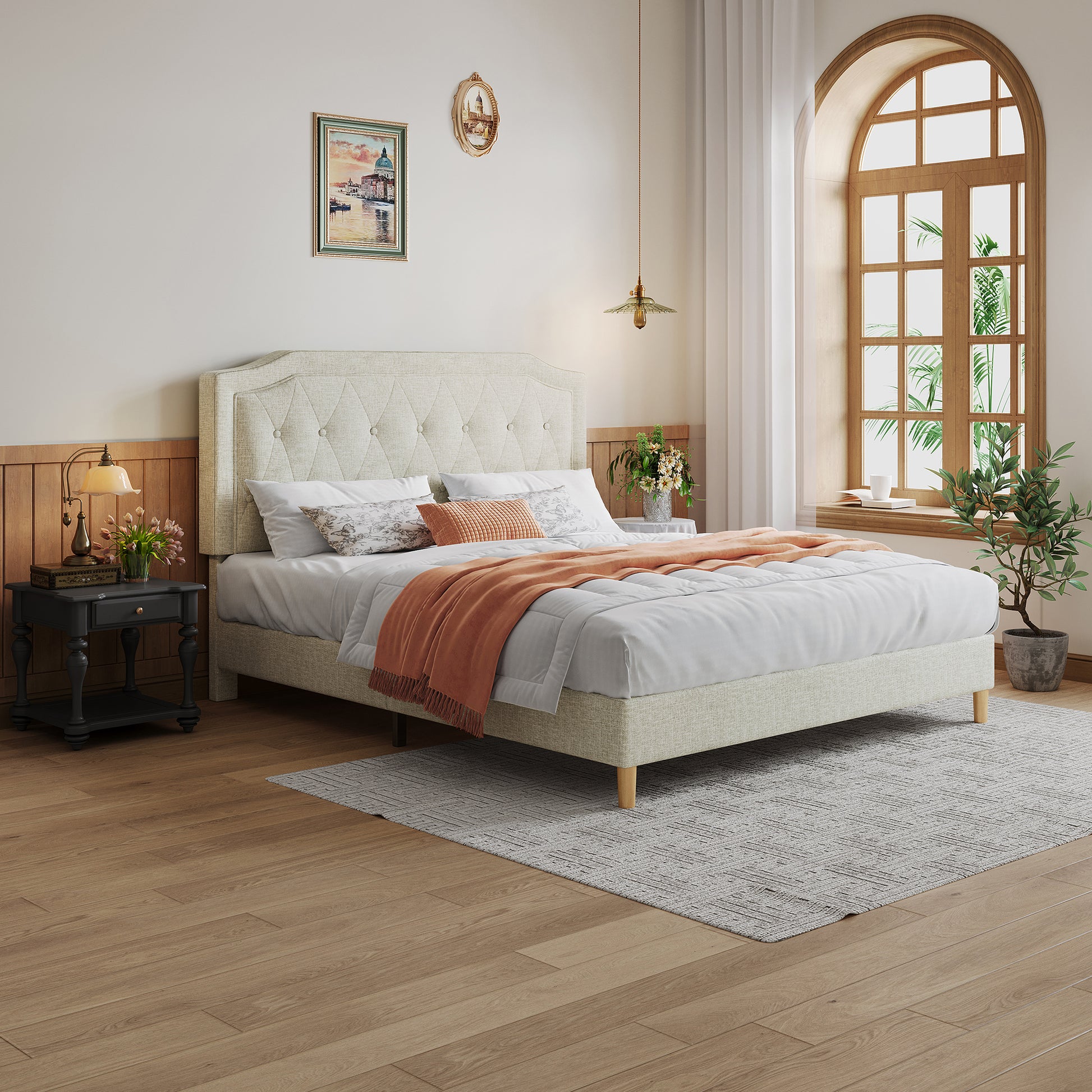 Queen Size, Cotton Linen Fabric, Mesh Mounted Bed, Stable, Easy To Assemble, Light Grey Queen Light Gray Mdf Acacia