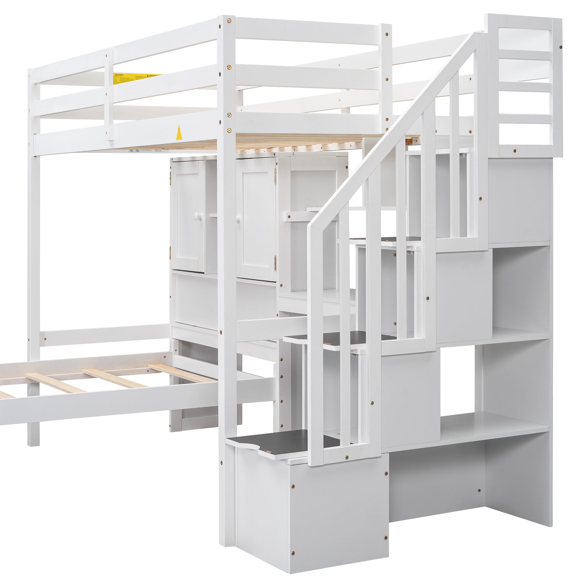 Twin Over Twin Loft Bed With Built In Desk And Staircase, With Storage Compartments And Shelves, White Twin Box Spring Not Required White Wood Pine