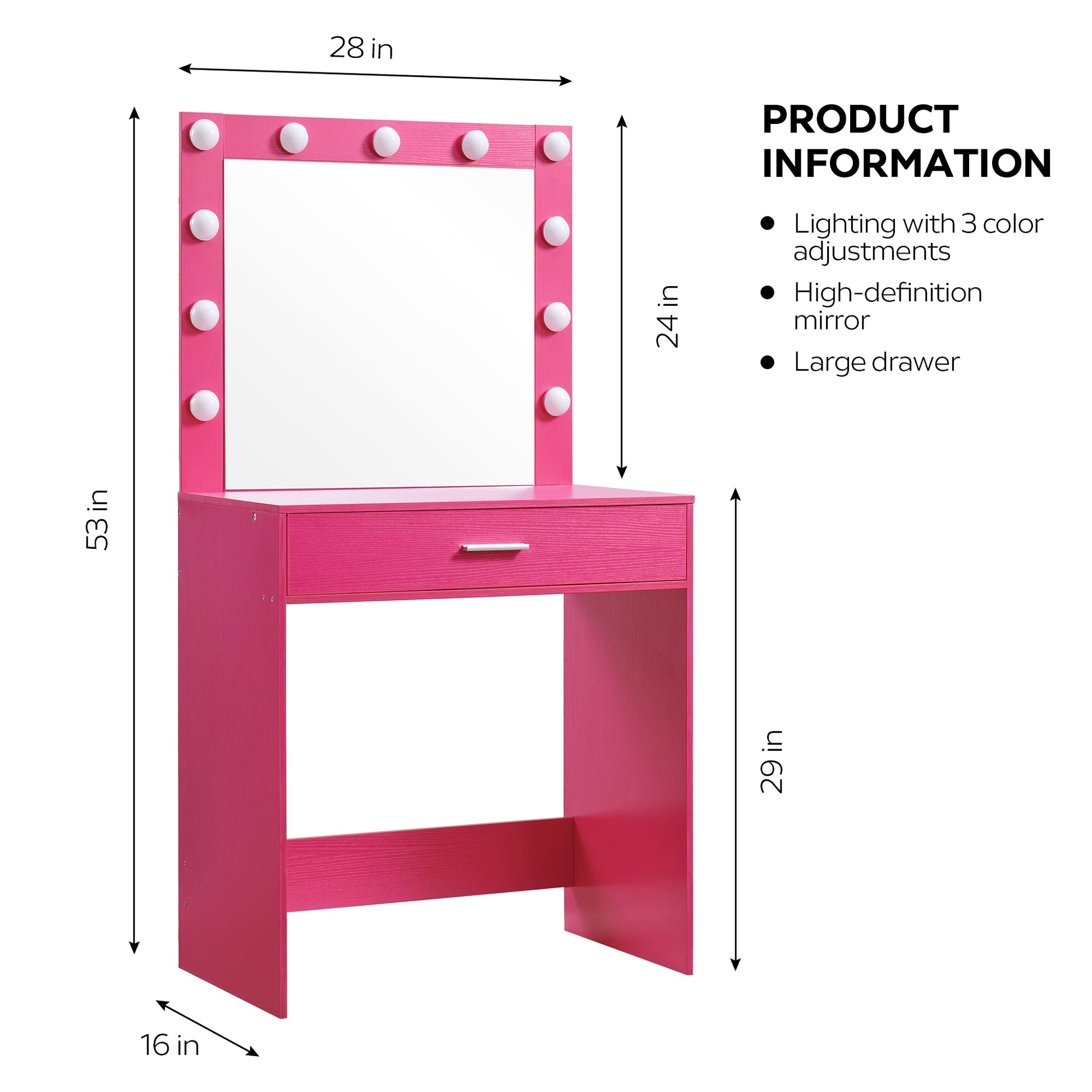 Vanity Desk With Mirror And Lights, Dressing Table With Large Drawer, 1 Level Storage Dresser & 3 Lighting Modes Adjustable Brightness, Suitable For Bedroom Pink Pink Particle Board