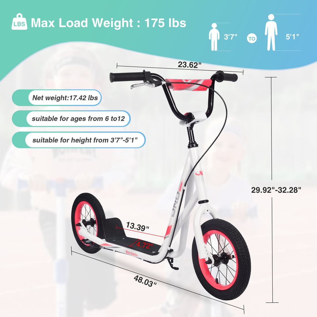 Youth Scooter Kick Scooter For Kids 6 With Adjustable Handlebar, 12 Inch Inflatable Wheels ,Widened Non Slip Footboard Cycling White Garden & Outdoor Carbon Steel