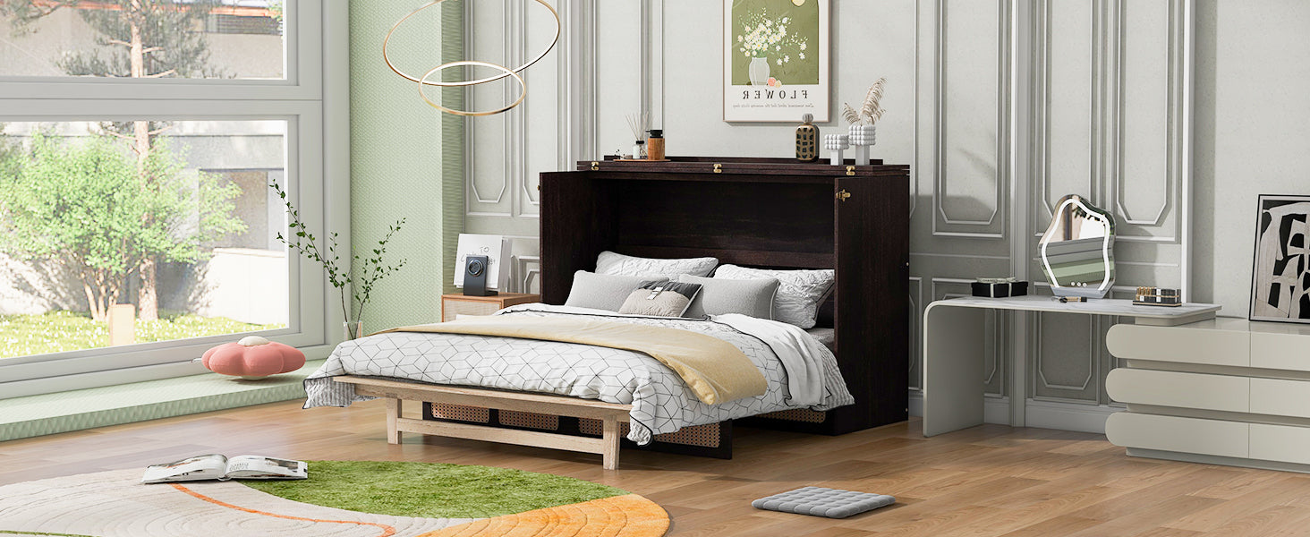 Queen Murphy Bed With Large Drawers,Espresso Queen Espresso Plywood