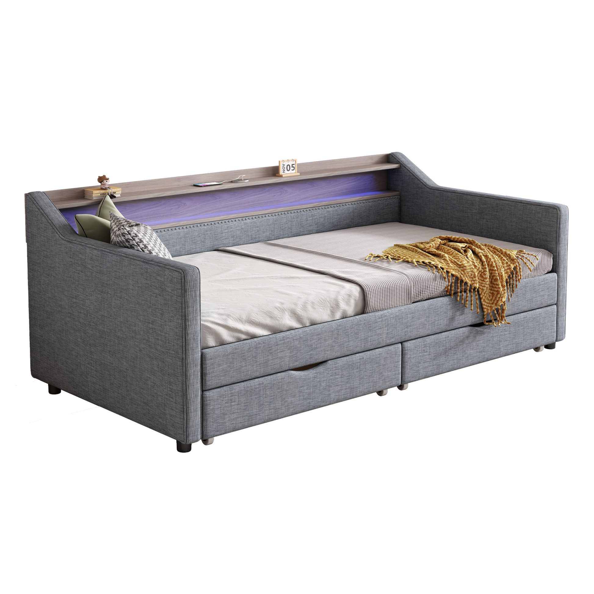 Twin Size Daybed With 2 Storage Drawers And 2 Tier Shelf & Usb Type C Port, Modern Linen Upholstered Sofa Day Bed Frame With Smart Led Light For Livingroom, Apartment,Light Grey Box Spring Not
