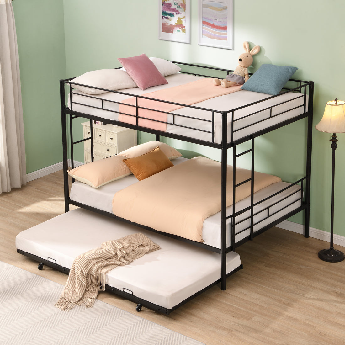 Full Over Full With Trundle Metal Bunk Bedno Box Spring Needed, Easy Assemble Black Metal