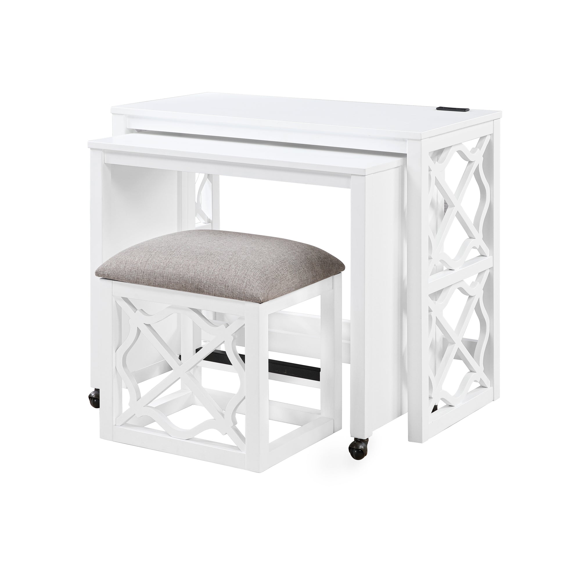 Desks And Stool Set 3Pc White Finish Rolling Desk With Casters, 2 Charging Ports Home Office Furniture White Computer Desk Primary Living Space Contemporary Desk Rectangular Wood
