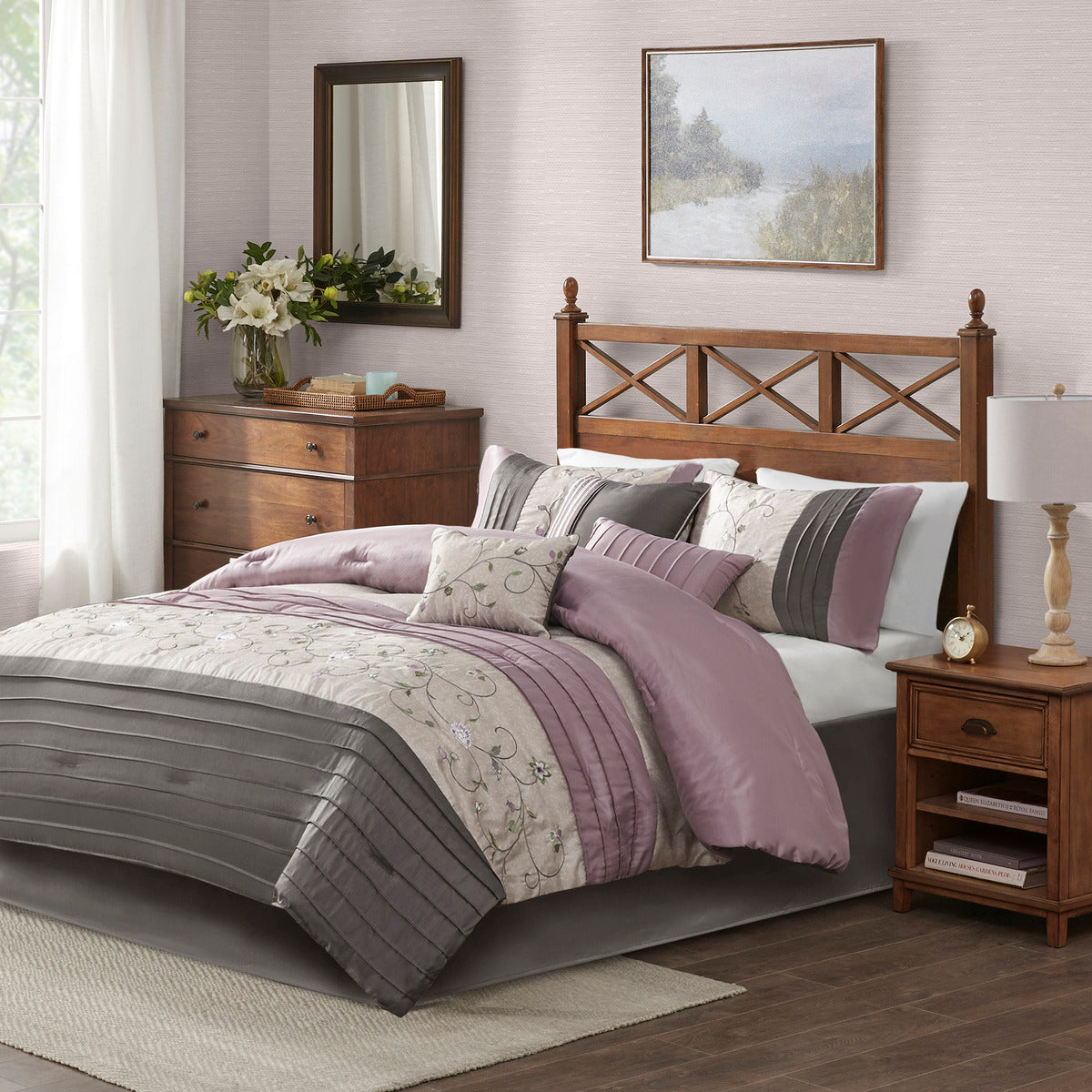 Embroidered 7 Piece Comforter Set Purple Queen Queen Purple Polyester