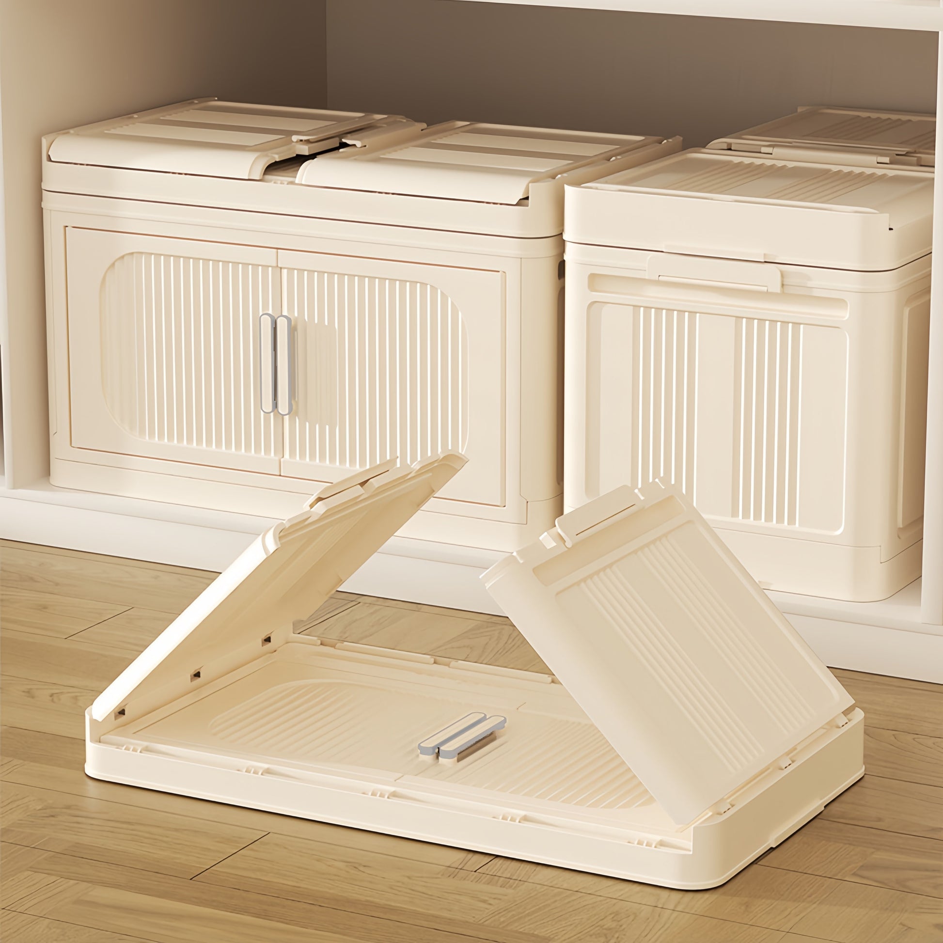 Cream White,19.69" Side Wide Folding Storage Cabinet ,4 Tiers,19.69" 11.81" 40.55",Collapsible Storage Bins With Magnetic Door, Plastic Storage Cabinet With Wheels Cream White Plastic