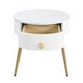 19.6'' Easy Assembly End Tables With High Gloss Faux Marble Tabletops, Set Of 2, Modern Fluted 2 Side Tables With Drawers, Round Coffee Tables With Golden Legs For Living Room, White White Gold Primary Living Space Drawers Round Mdf Iron