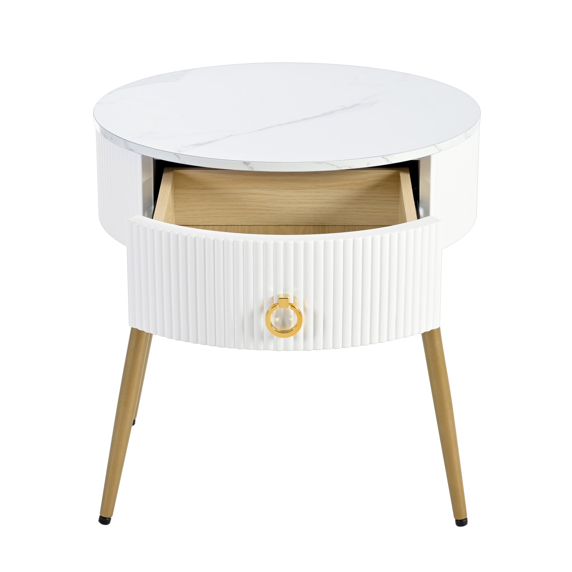 19.6'' Easy Assembly End Tables With High Gloss Faux Marble Tabletops, Set Of 2, Modern Fluted 2 Side Tables With Drawers, Round Coffee Tables With Golden Legs For Living Room, White White Gold Primary Living Space Drawers Round Mdf Iron