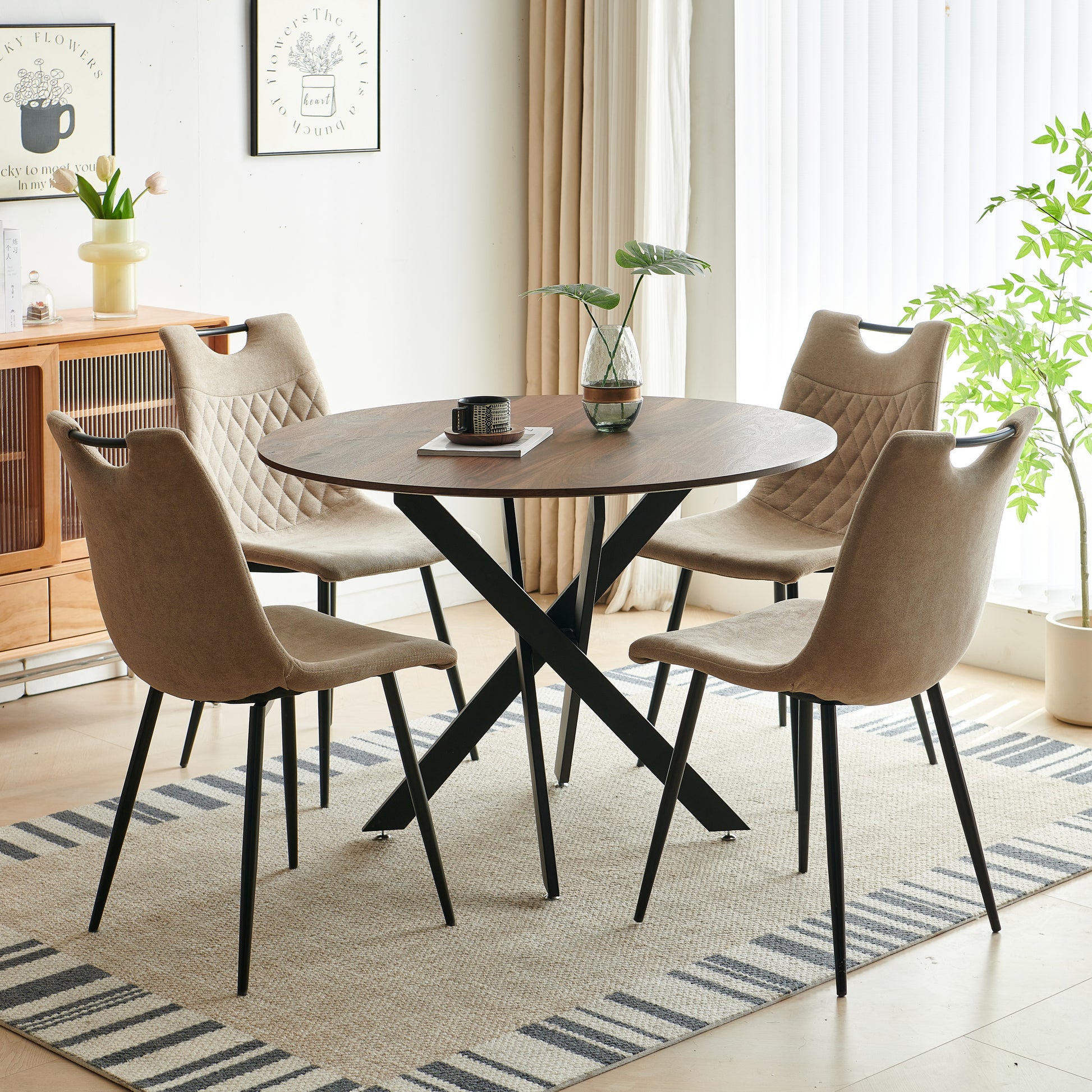 1 4,5Pieces Dining Set, Table Metal Leg Mid Century Dining Table For 4 6 People With Mdf Table Top, Pedestal Dining Table, End Table Leisure Coffee Table Beige Brown Fabric Metal