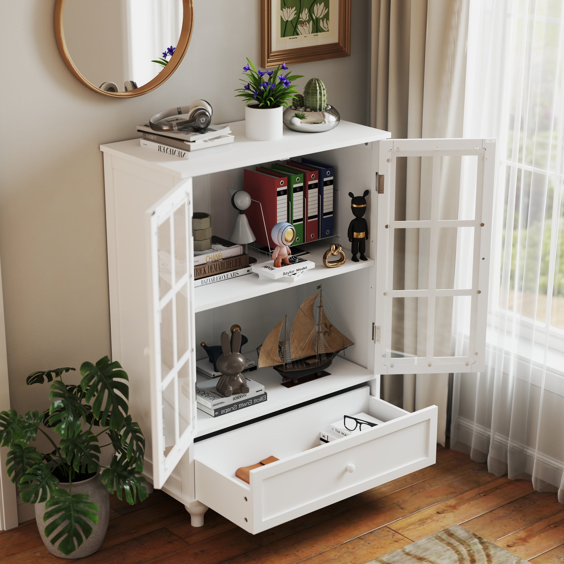 Minimalist White Buffet Cabinet With Double Glass Doors And Drawer, Modern Wooden Storage Sideboard Cupboard For Living Room, Dining Room Hallway Entryway Freestanding White Primary Living Space