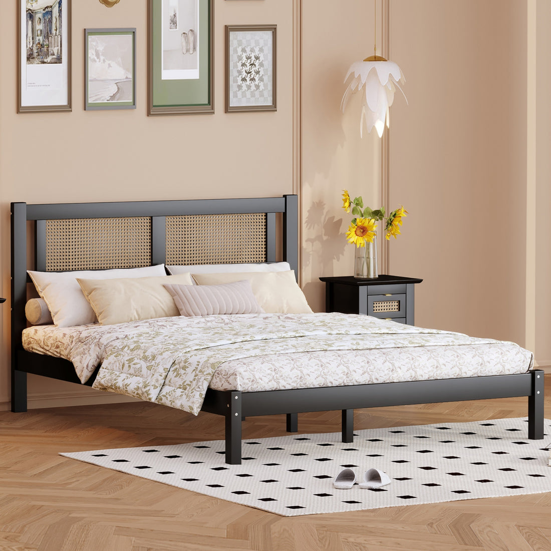 Full Size Wooden Platform Bed With Natural Rattan Headboard, Exquisite Elegance With Minimalist Charm For Bedroom, Black Black Particle Board