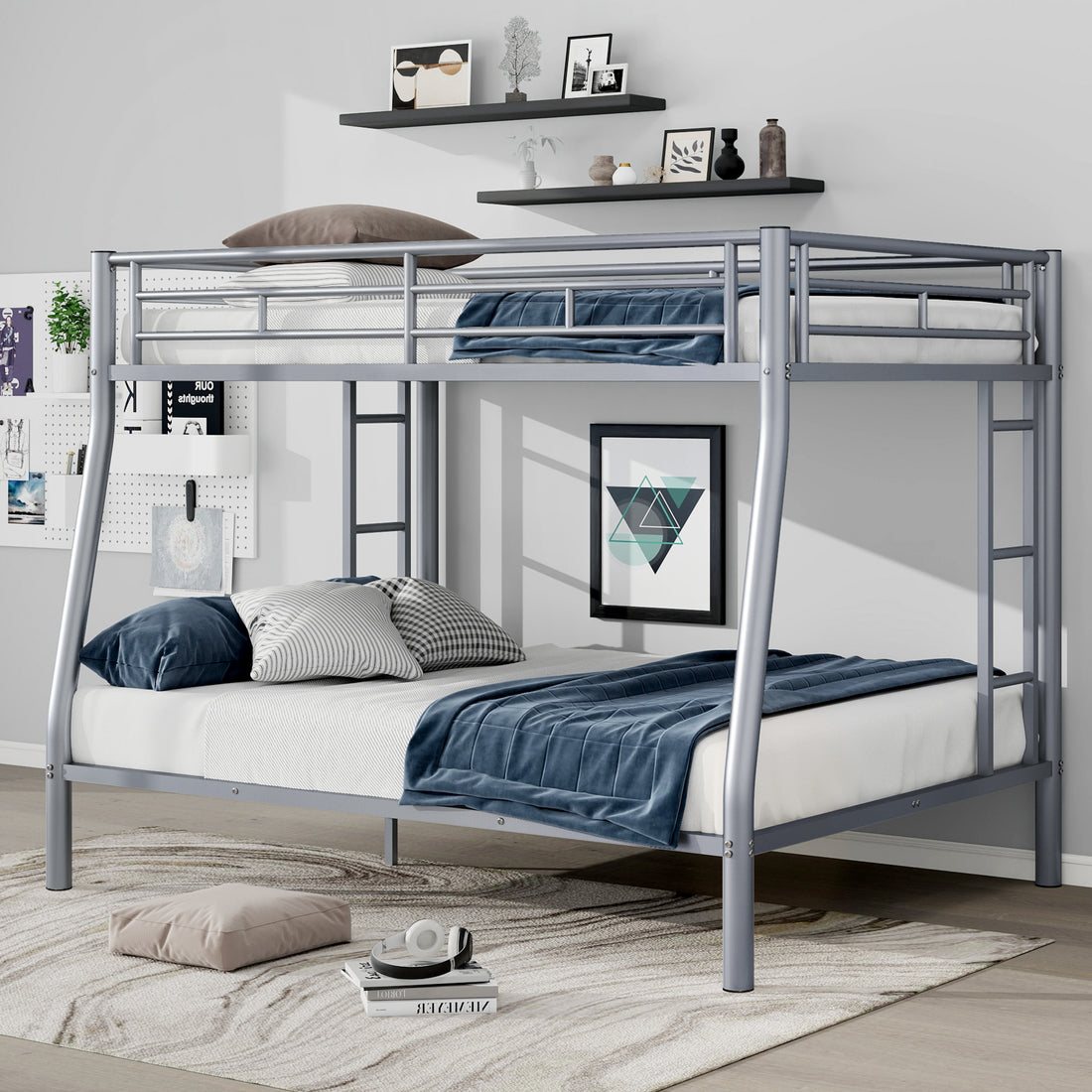 Full Xl Over Queen Metal Bunk Bed With Ladder And Guardrails, Silver Expected Arrival Time: 9.7 Box Spring Not Required Full Xl Silver Metal Metal
