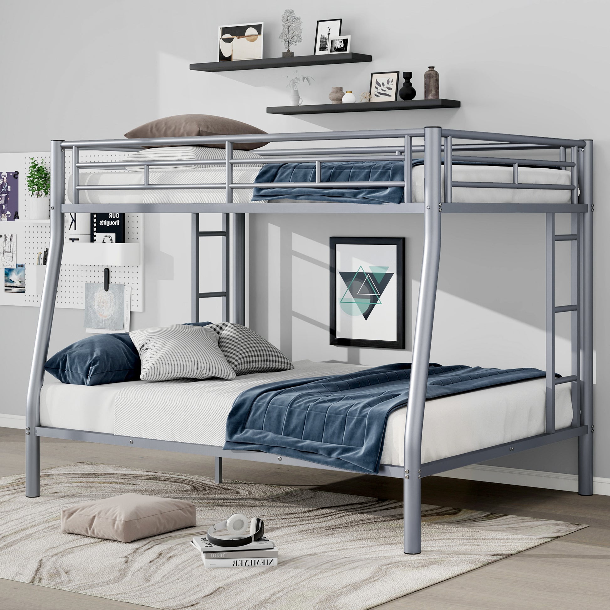 Full Xl Over Queen Metal Bunk Bed With Ladder And Guardrails, Silver Expected Arrival Time: 9.7 Box Spring Not Required Full Xl Silver Metal Metal