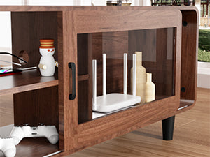 Mid Century Modern Tv Stand For 55 60 65 70 Inch Tv, Wood Entertainment Center With Power Outlets, Media Console With Sliding Doors And Open Shelf For Living Room, Walnut Walnut 60 69 Inches Wood