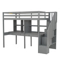 Twin Size Loft Bed Frame With Storage Staircase And Double Desks And Shelves,Gray Twin Gray Solid Wood Mdf