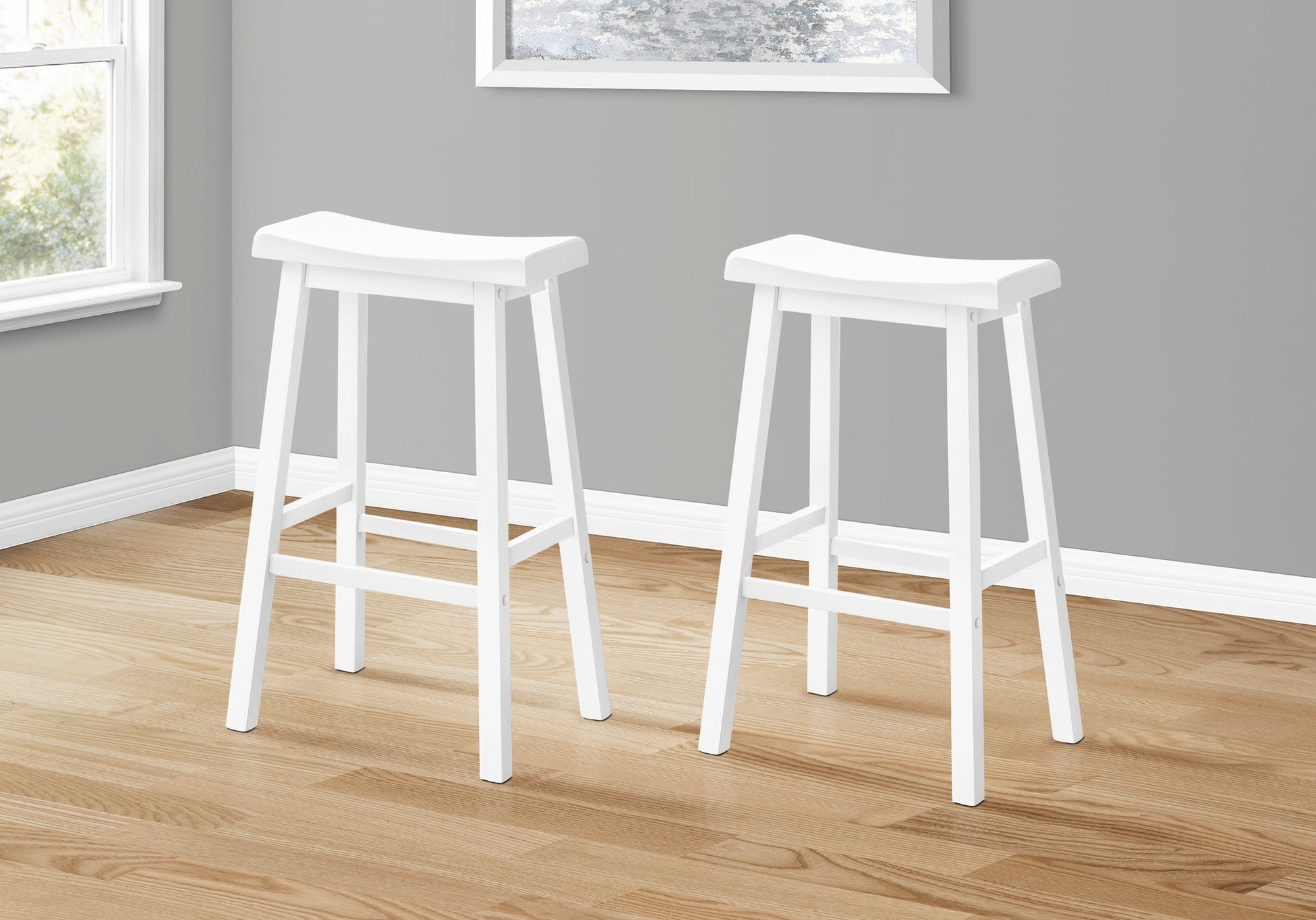 Bar Stool, Set Of 2, Bar Height, Saddle Seat, White Wood, Contemporary, Modern White Solid Wood