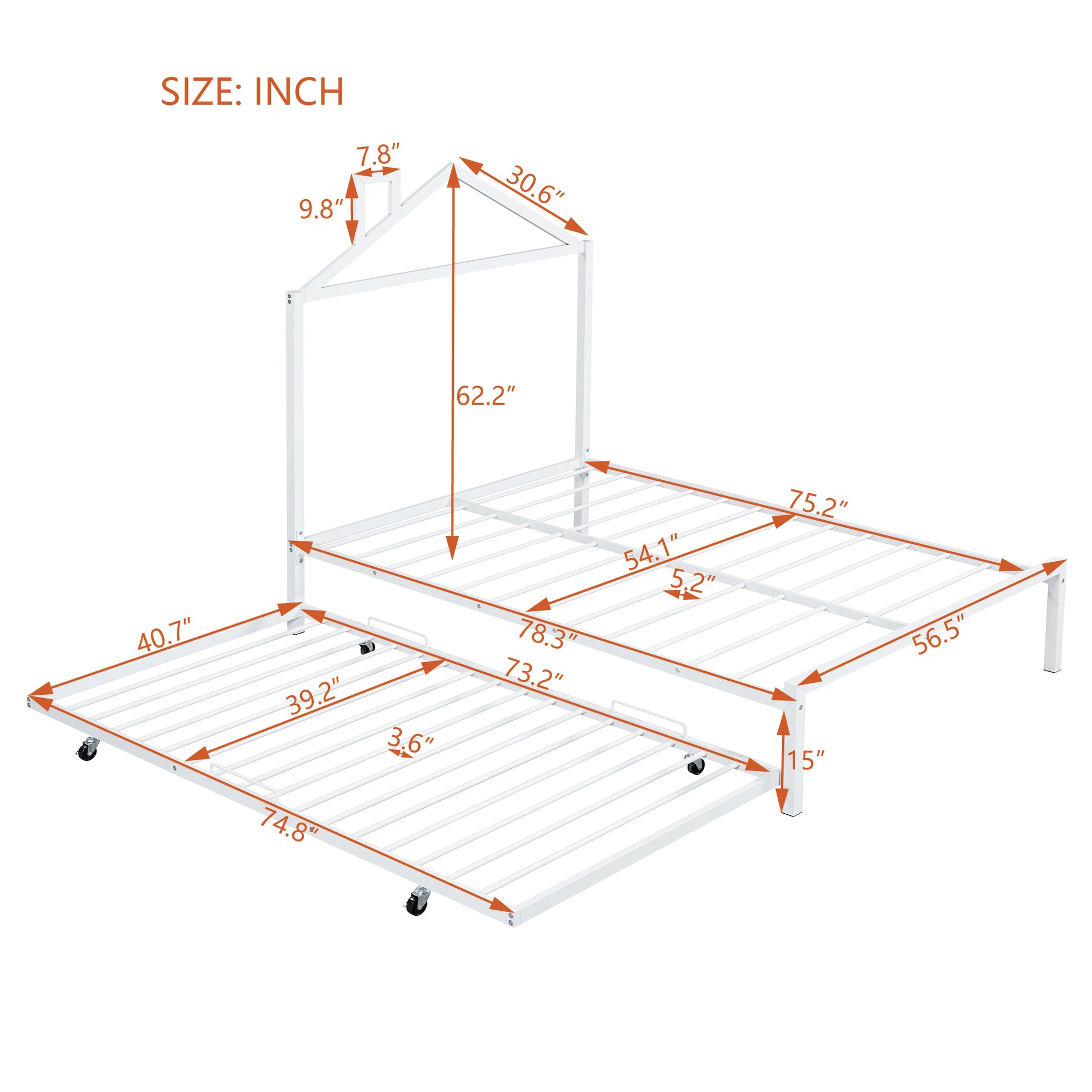Full Size Metal Platform Bed With Twin Size Trundle,House Shaped Headboard Design, White Full White Metal