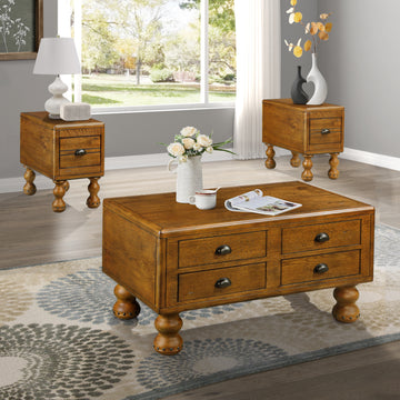 Rectangle Living Room Coffee Table Set, 3 Piece Solid Wood Living Room Table Set, 1 Coffee Table And 2 End Table, Wood Center Table Tea Table Set With Rivet Decoration Legs.Antique Brown Antique Brown Pine