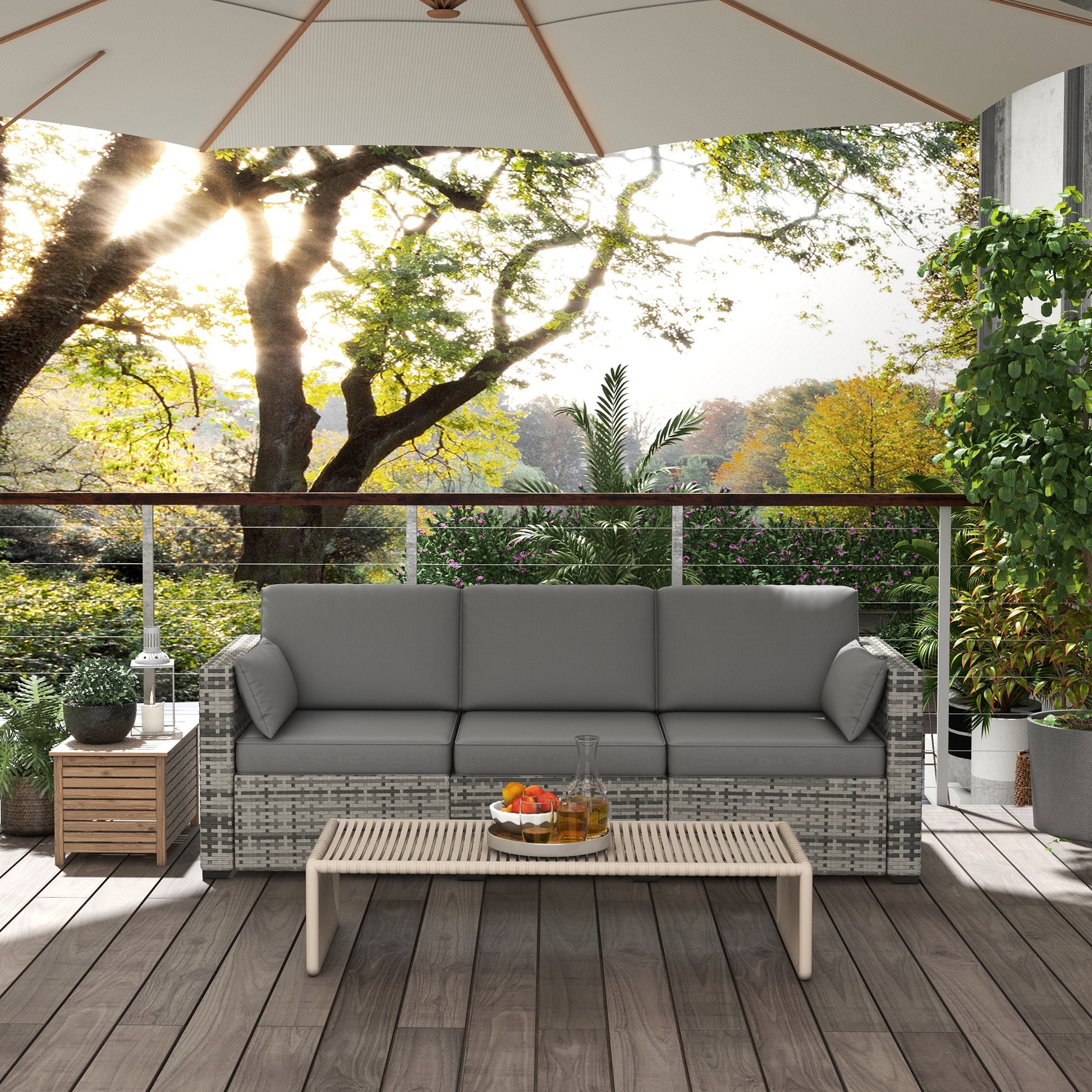 Outsunny Wicker Patio Couch, Pe Rattan 3 Seat Sofa, Outdoor Furniture With Deep Seating, Cushions, Steel Frame, Gray Gray Steel