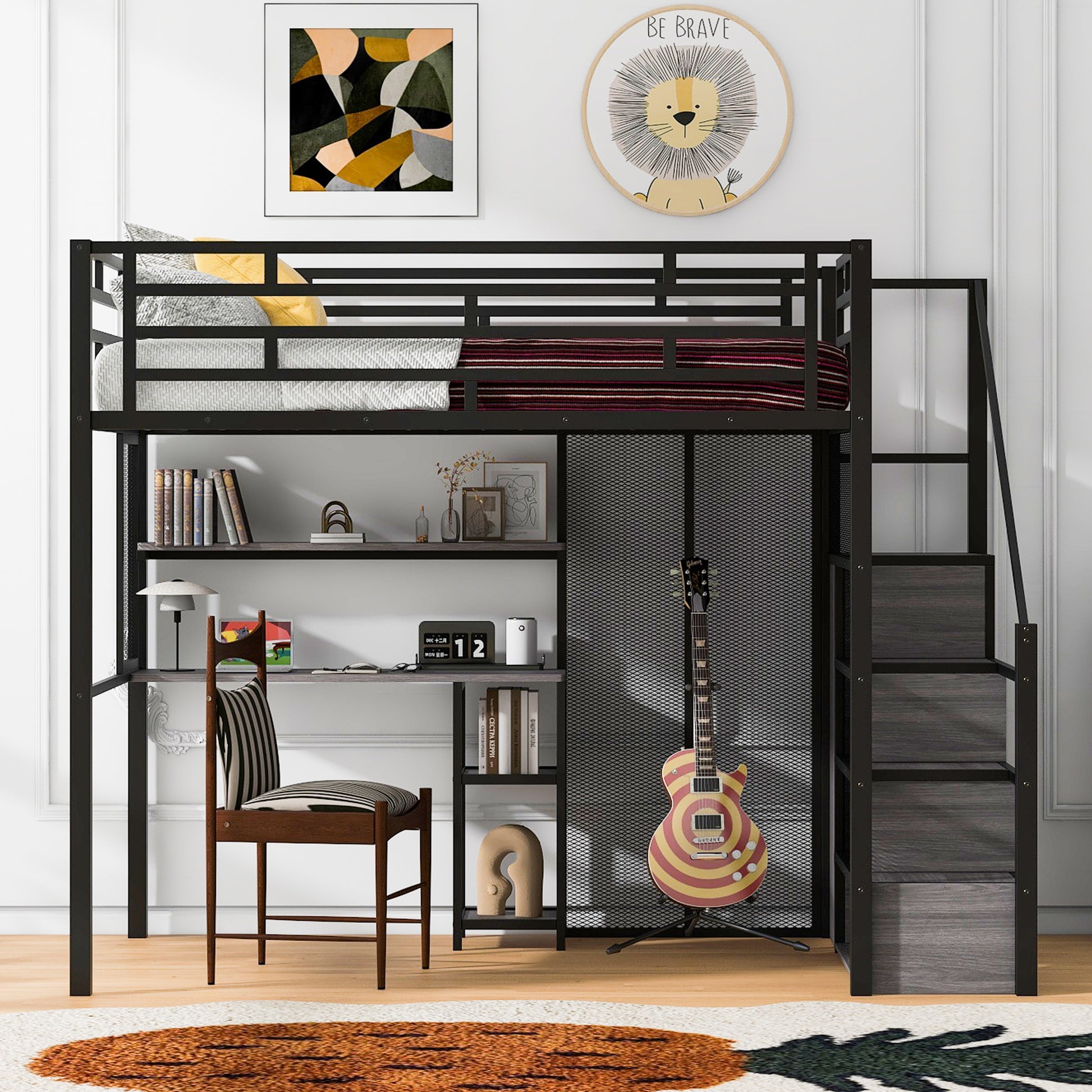 Full Size Metal Loft Bed With Wardrobe, Desk, Storage Shelves, Black Expected Arrival Time: 10.3 Box Spring Not Required Full Black Metal Mdf Metal