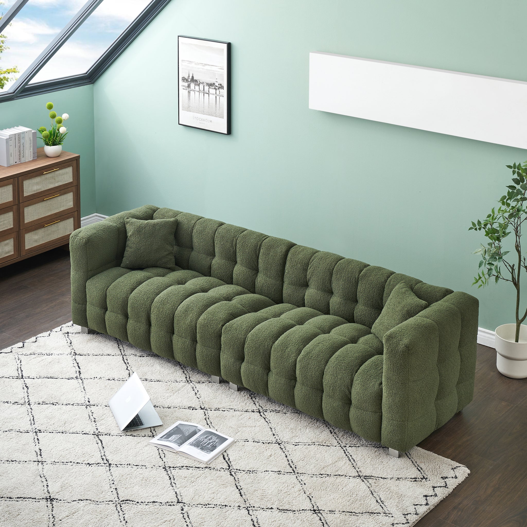 102 Inch Green Teddy Fleece Sofa With Two Throw Pillows In Living Room Bedroom Apartment Sofa Supported By Hardware Feet Green Polyester Blend 4 Seat