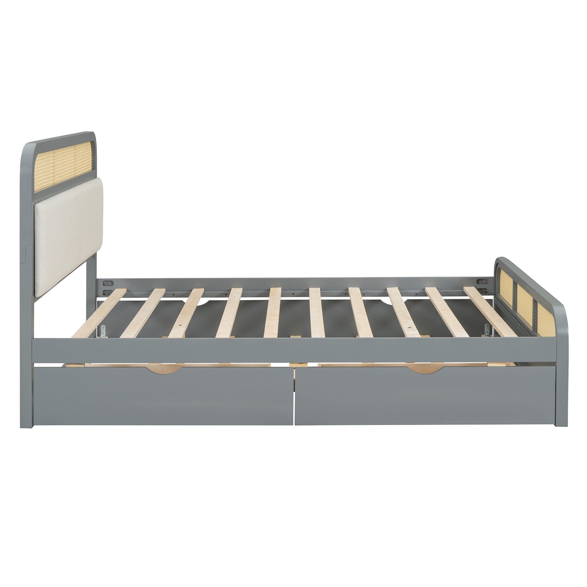 Queen Size Wooden Platform Bed With Trundle And 2 Drawers,Gray Queen Gray Solid Wood Mdf