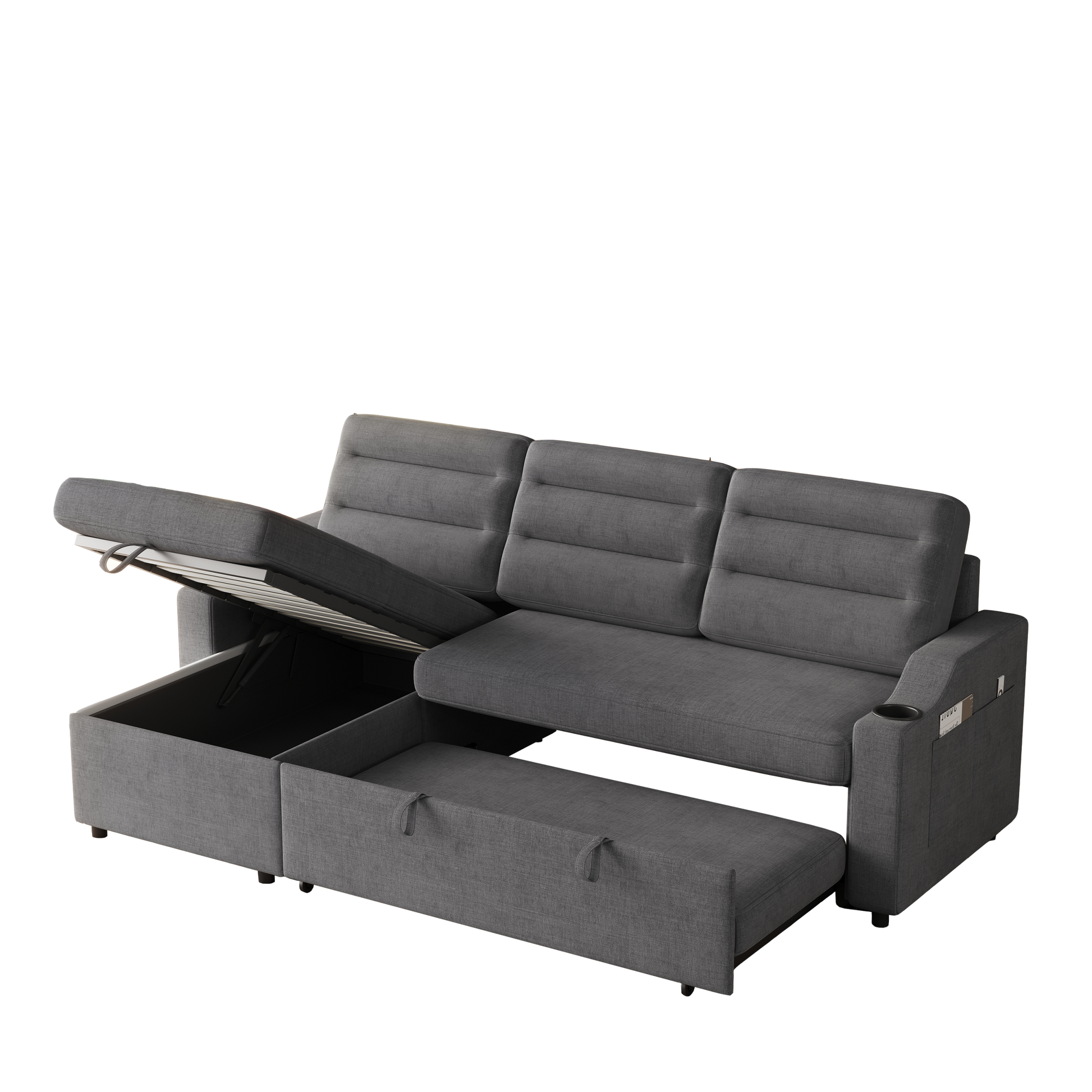 Mh83.5" Convertible Sleeper Combo Sofa, Convertible Sofa Bed Polyester Pullout Bed With Storage Recliner And Cup Holder For Living Room, Tight Spaces Dark Grey Polyester Wood Primary Living Space Pine Foam Fabric 3 Seat