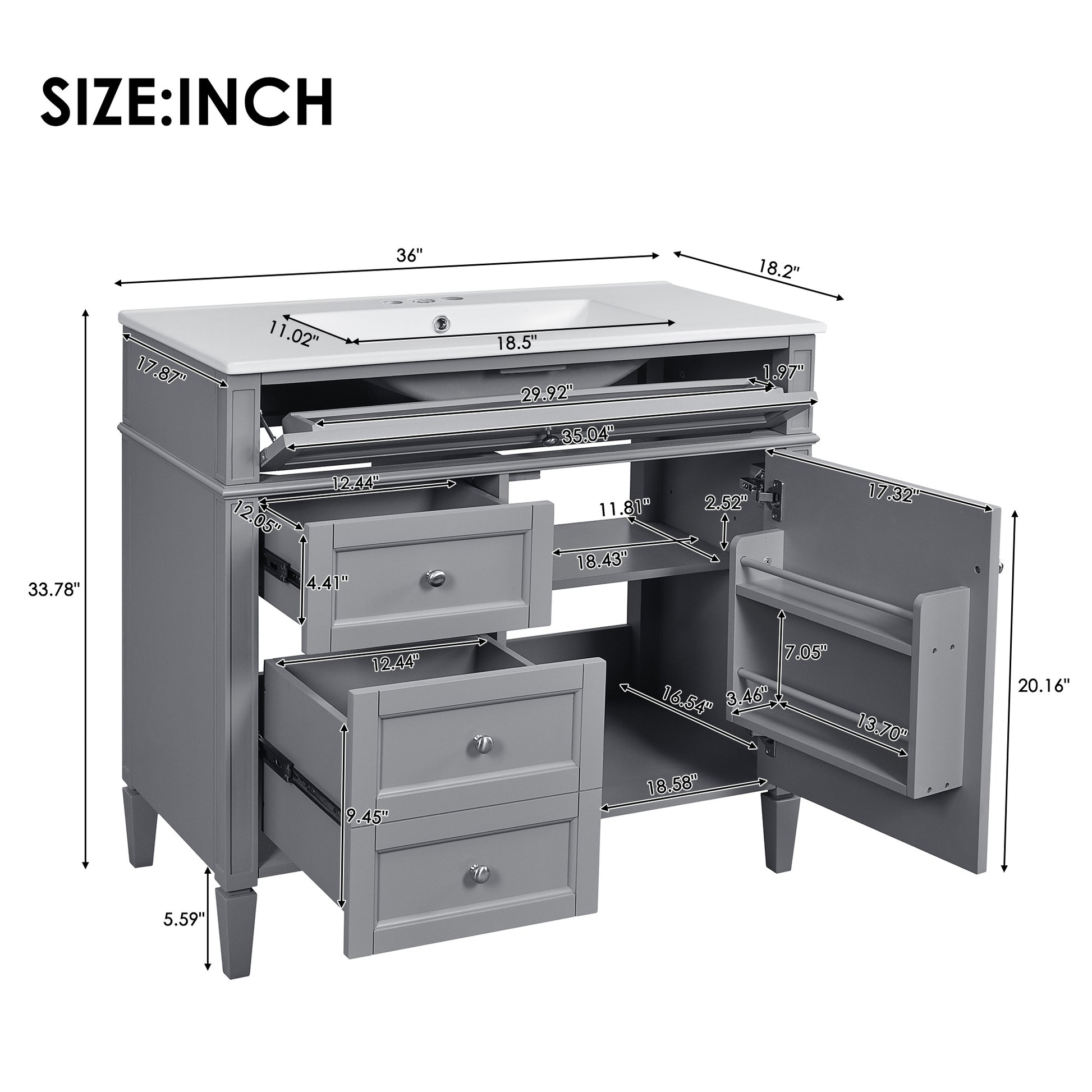 36'' Bathroom Vanity With Top Sink, Modern Bathroom Storage Cabinet With 2 Drawers And A Tip Out Drawer, Single Sink Bathroom Vanity Grey Bathroom Solid Wood Mdf Ceramic,Solid Wood Mdf