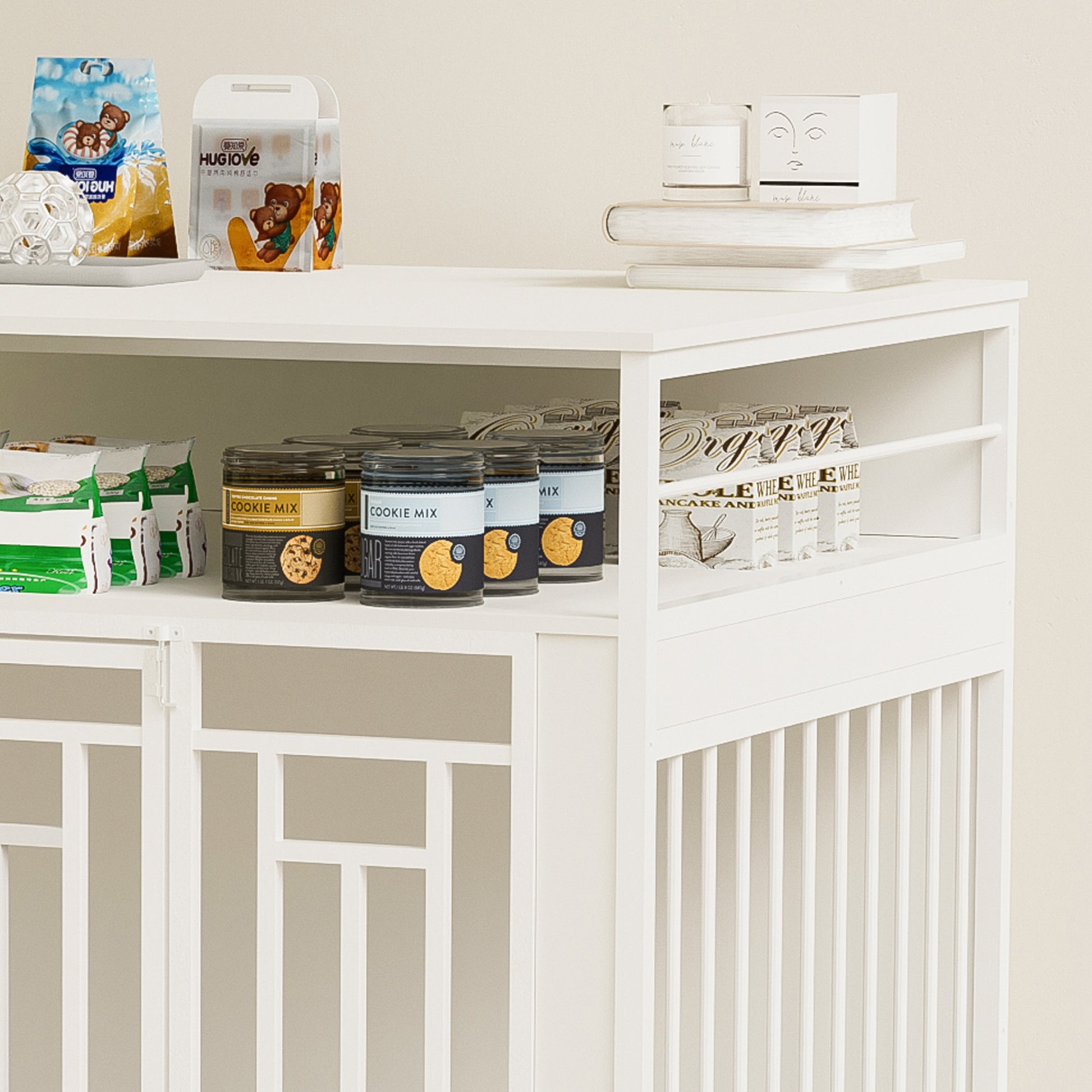 43.3 Inch Dog Crate Furniture For Large Dogs,Wooden Dog Crate With Divider,Double Door Dog Kennel With Three Drawers Storages,Heavy Duty Dogs Decorative Pet House For Large Medium Dogs ,White White