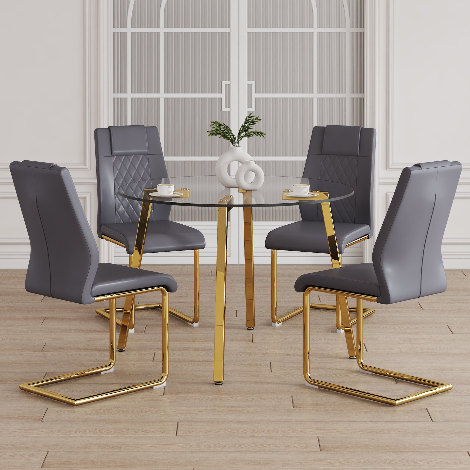 Table And Chair Set.A Modern Minimalist Style Round Clear Tempered Glass Table With Metal Legs.Paried With Dark Gray Chairs With Modern Pu Leather High Back Upholstered And C Tube Golden Legs. Dark Gray,Transparent Seats 4 Glass