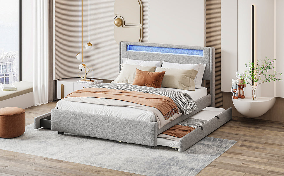 Queen Size Upholstered Platform Bed With Led Frame, With Twin Xl Size Trundle And 2 Drawers, Teddy Fleece, Gray Gray Fleece