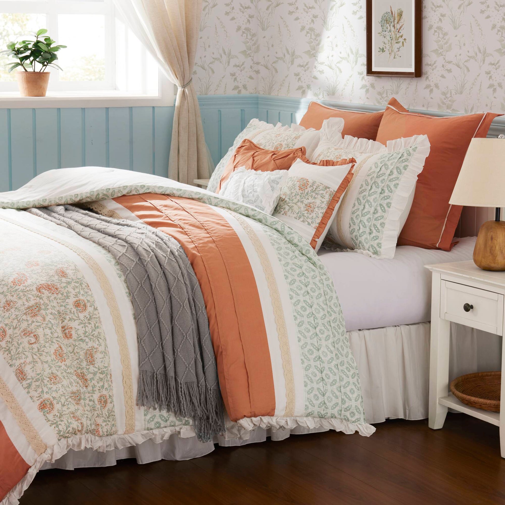 9 Piece Cotton Percale Comforter Set Coral Queen Queen Coral Polyester