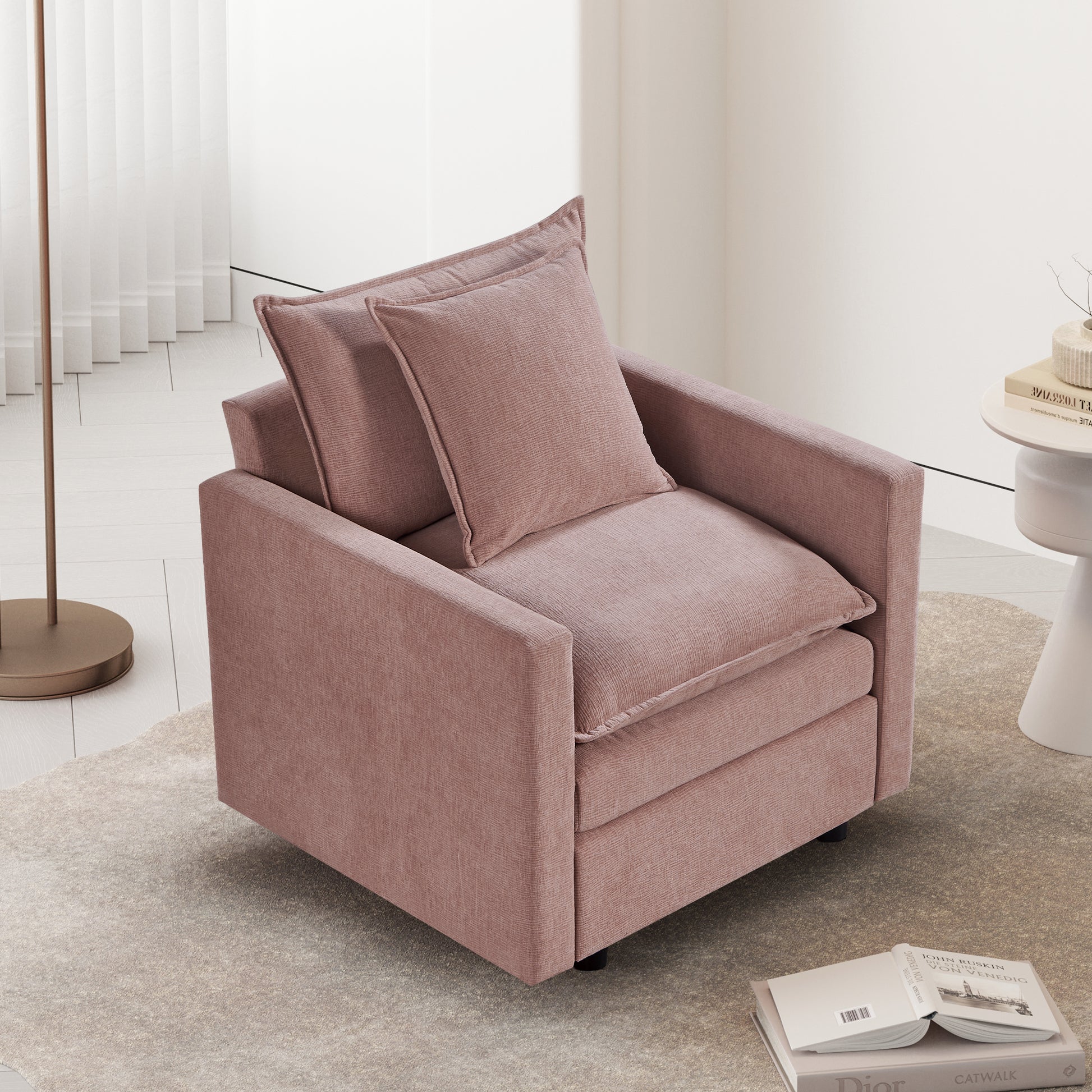 Chenille Fabric Comfy Deep Single Seat Sofa Upholstered Reading Armchair Living Room Pink Wood Foam Chenille 1 Seat