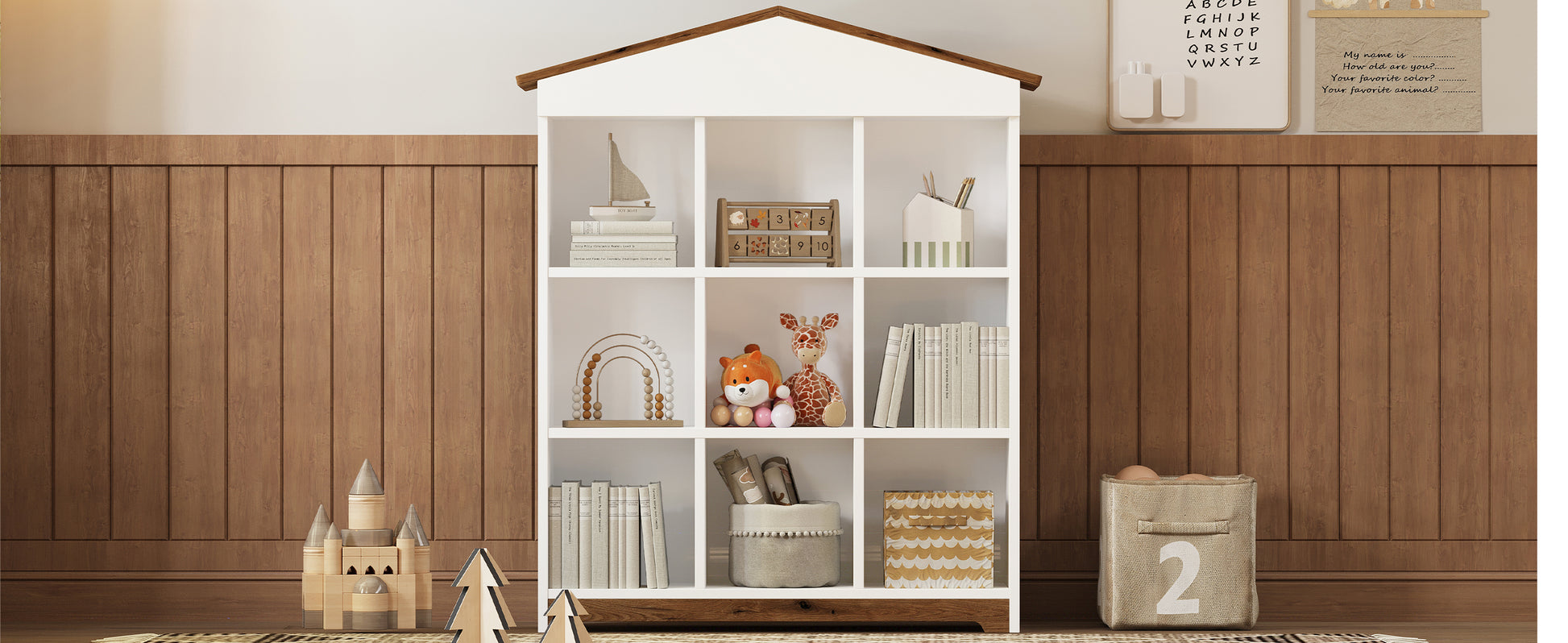 House Shaped Storage Rack With Nine Storage Compartments, Three Layer Bookshelf With Colorblock Design, White Brown Brown White Particle Board