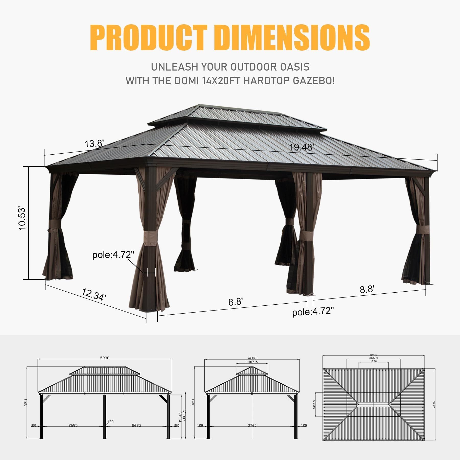 Outdoor Living 14X20Ft Hardtop Gazebo, Permanent Metal Gazebo With Galvanized Steel Double Roof And Aluminum Frame, Curtain And Netting, Large Pavilion Gazebo For Patio Deck Garden Brown Aluminum