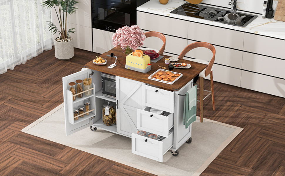 K&K 54.5" Farmhouse Kitchen Island With Power Outlet, Kitchen Storage Island With Internal Storage Rack, Drop Leaf, Spice Rack, Rolling Kitchen Cart On Wheels, For Home, Kitchen And Dining